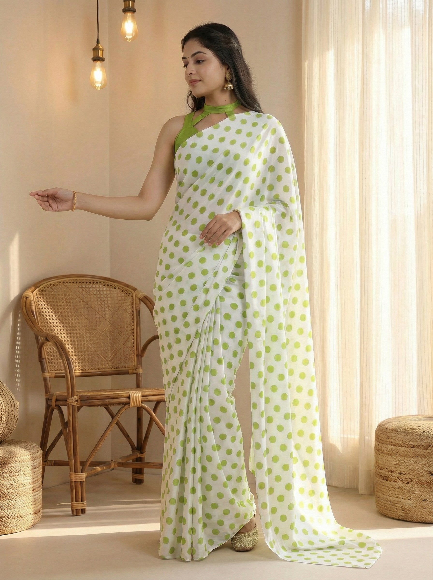 Pure Satin Sarees in Polka Dot prints With Plain Blouse