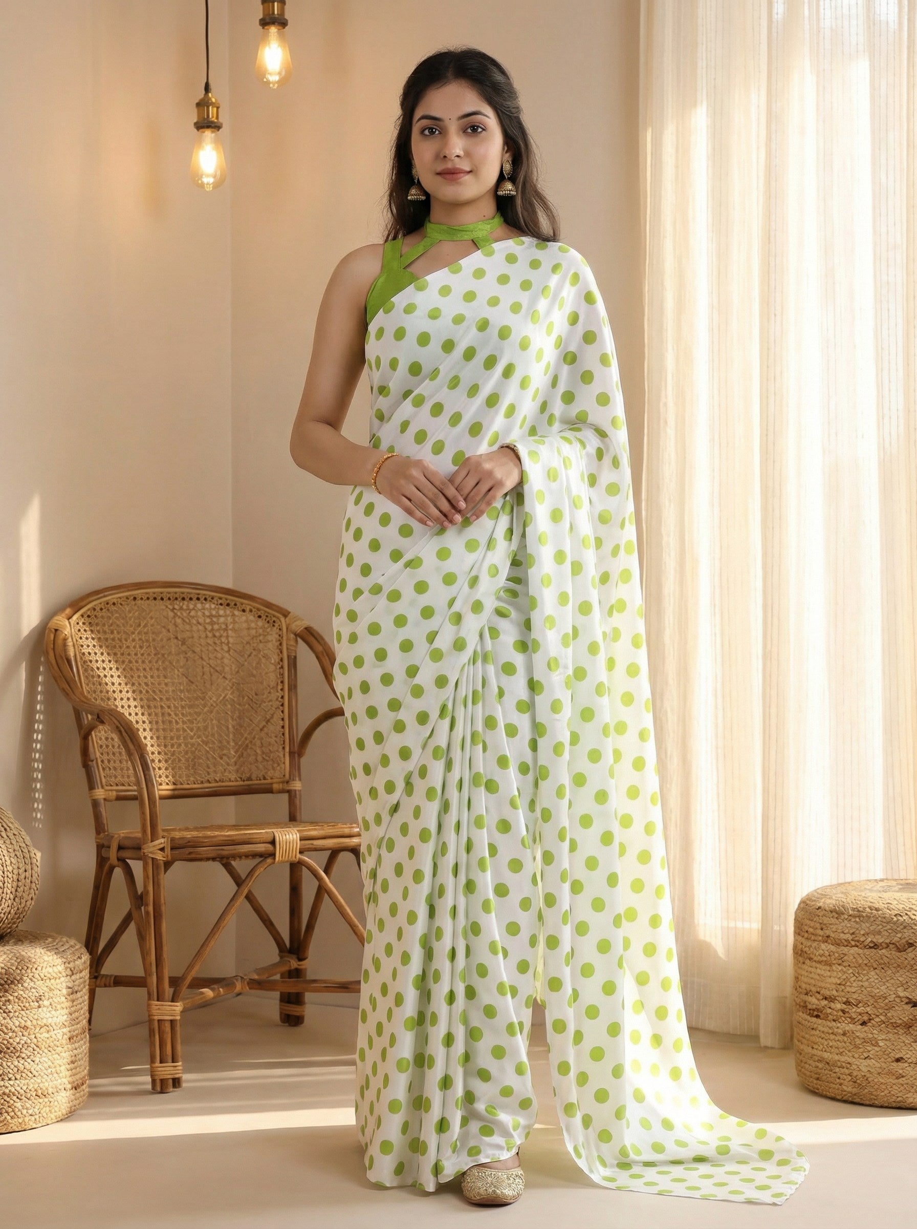 Pure Satin Sarees in Polka Dot prints With Plain Blouse