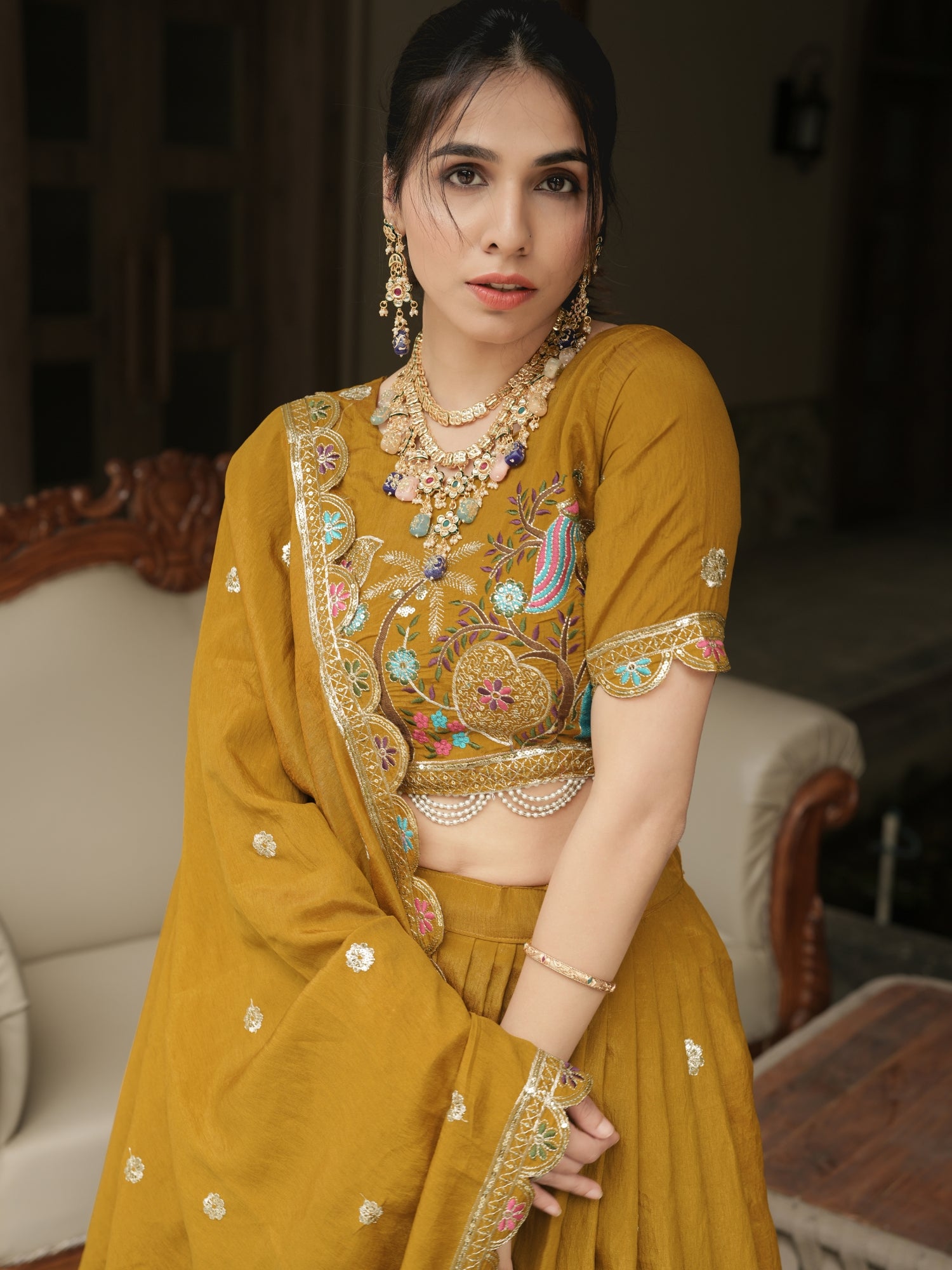 Mustard Color Thread Embroidery Work Lehenga Choli With Sequence Work