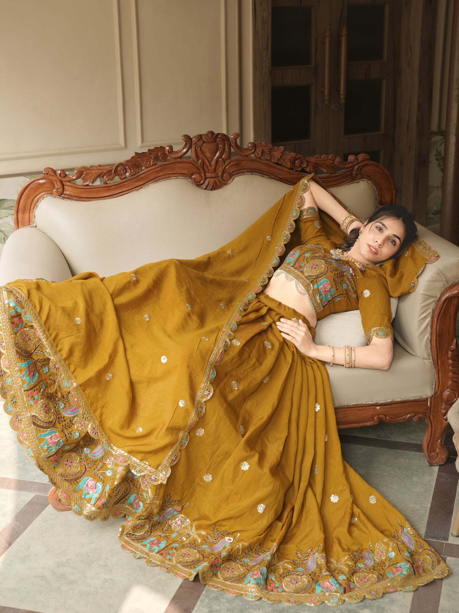 Mustard Color Thread Embroidery Work Lehenga Choli With Sequence Work