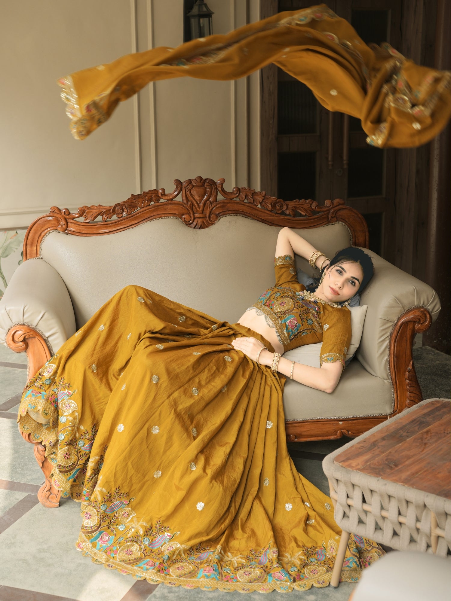 Mustard Color Thread Embroidery Work Lehenga Choli With Sequence Work