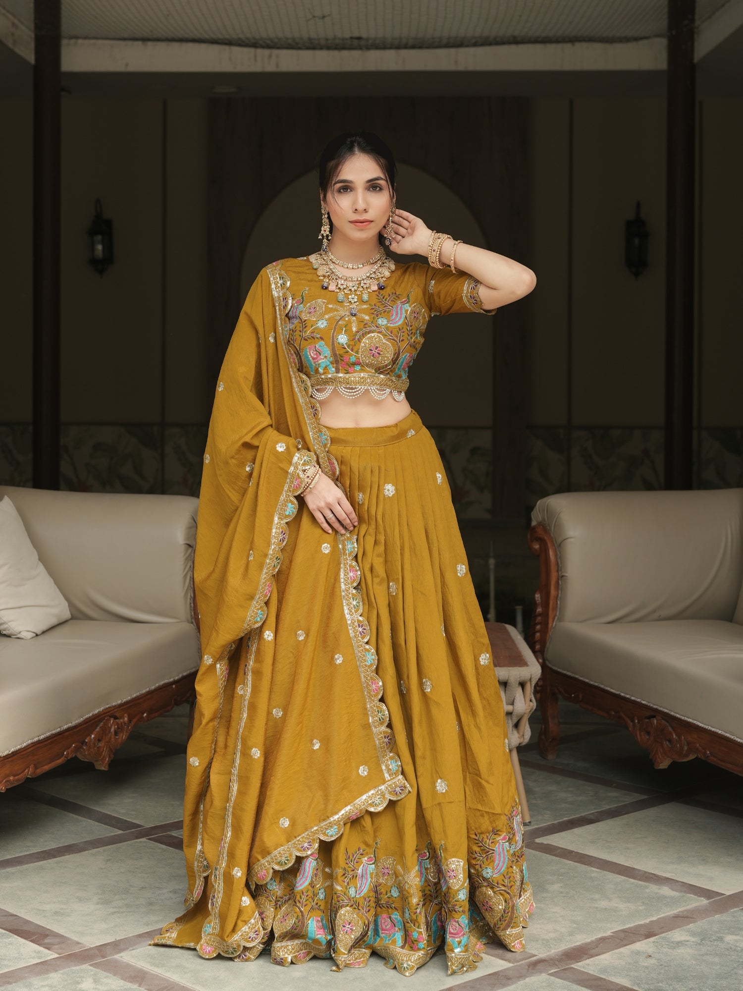 Mustard Color Thread Embroidery Work Lehenga Choli With Sequence Work