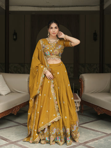 Mustard Color Thread Embroidery Work Lehenga Choli With Sequence Work