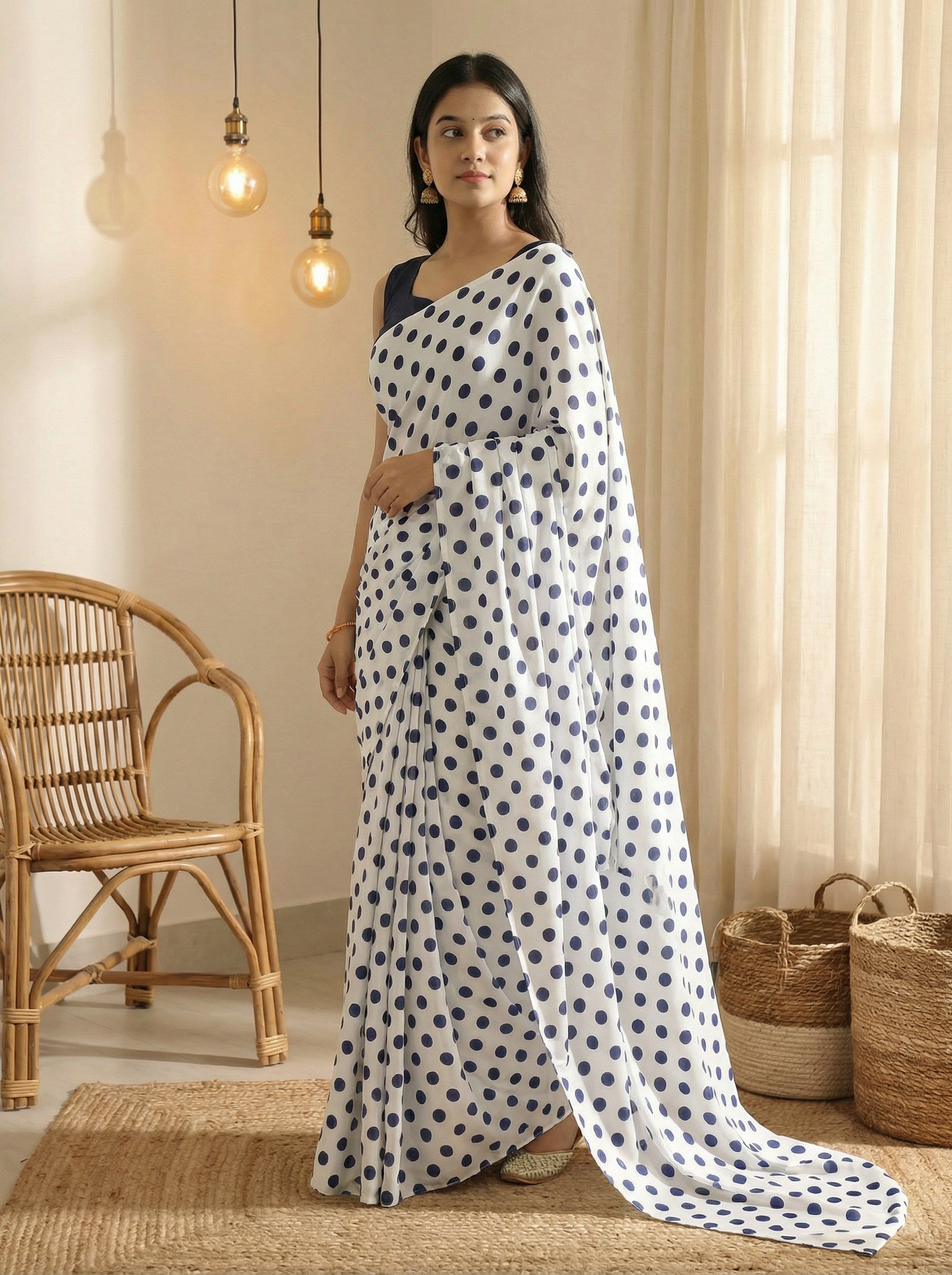 Pure Satin Sarees in Polka Dot prints With Plain Blouse