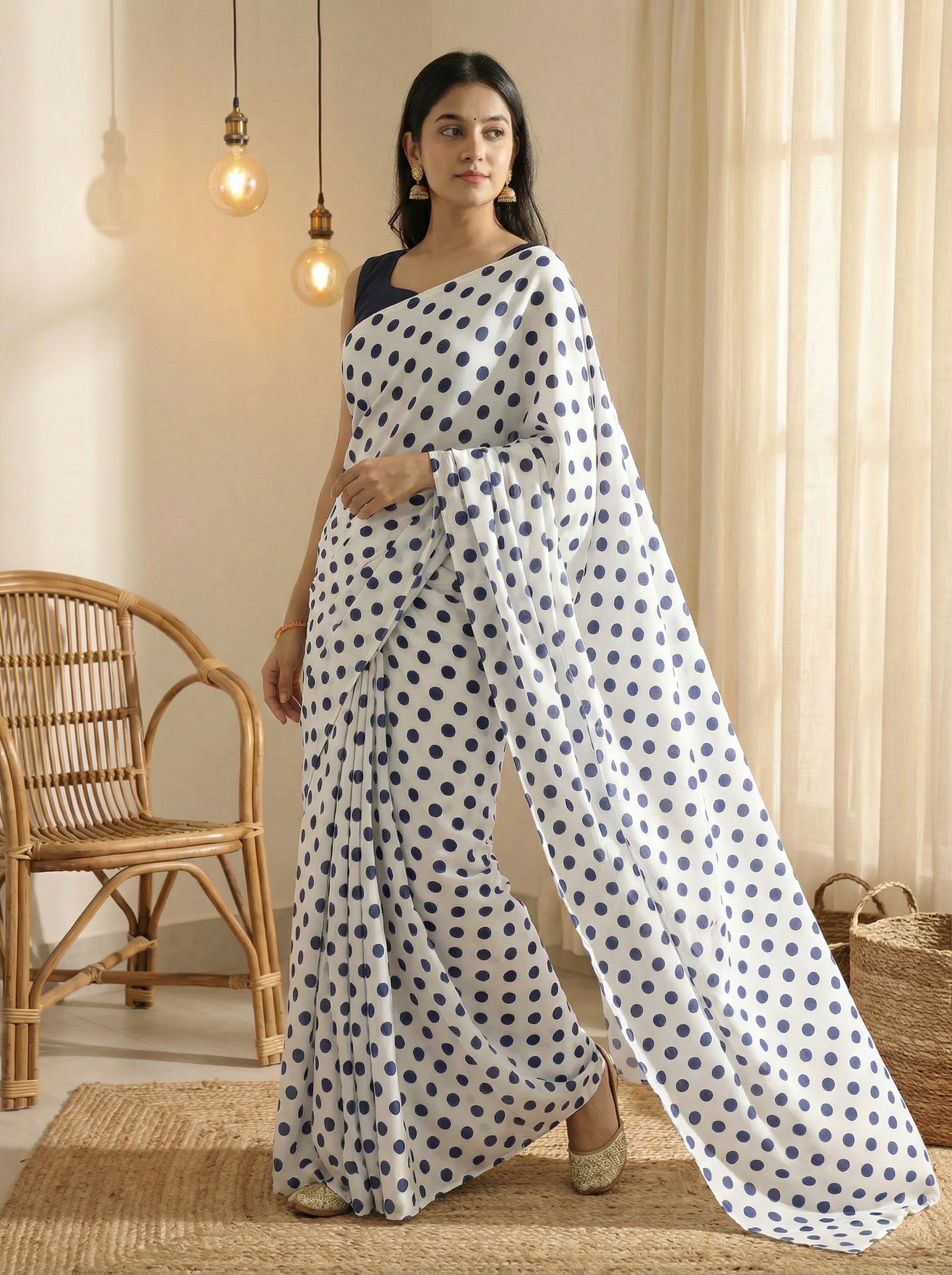 Pure Satin Sarees in Polka Dot prints With Plain Blouse