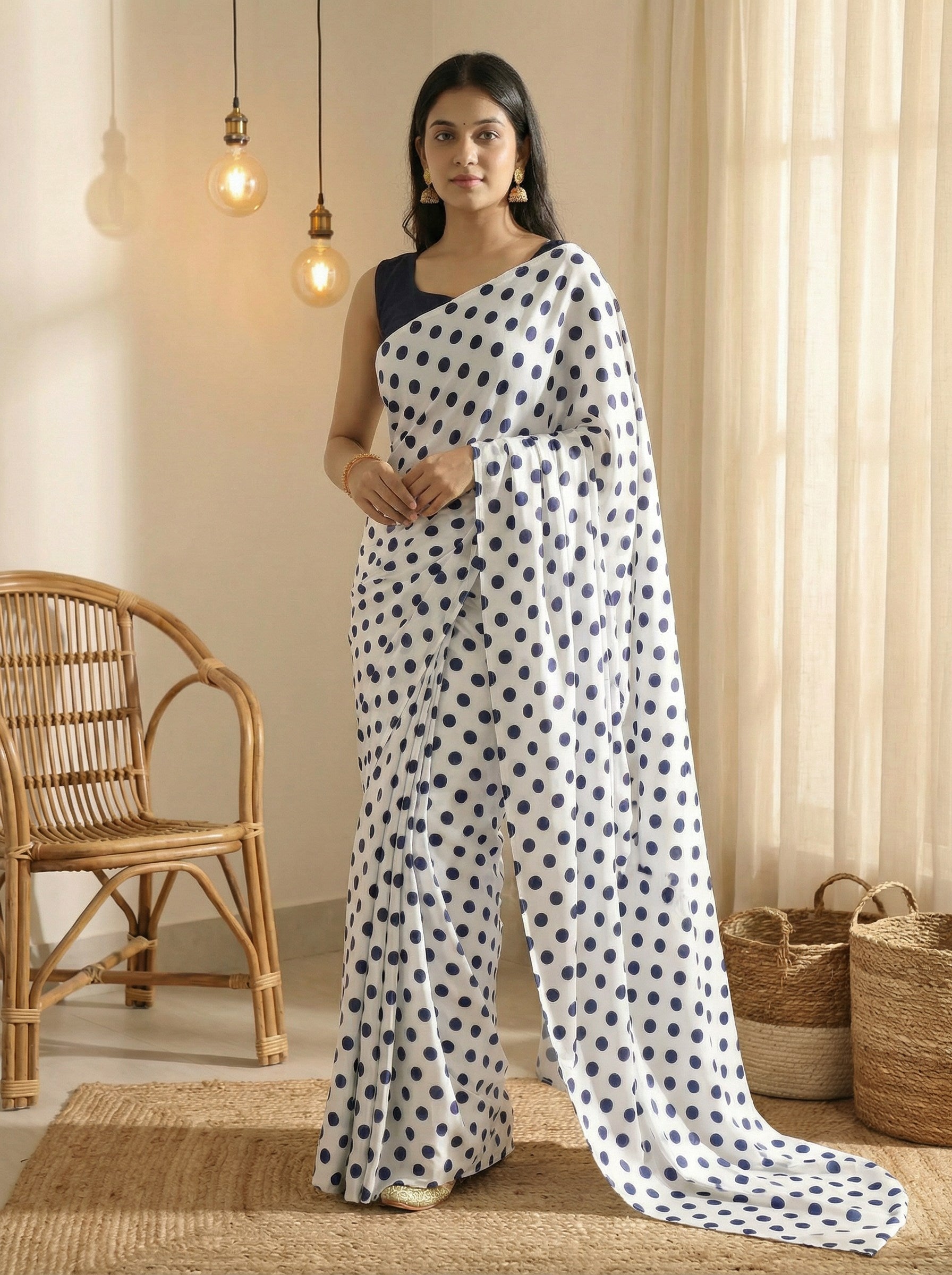 Pure Satin Sarees in Polka Dot prints With Plain Blouse