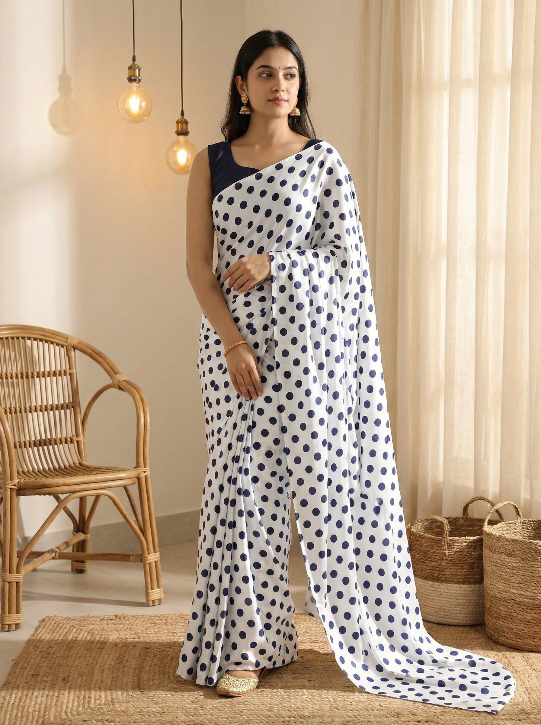 Pure Satin Sarees in Polka Dot prints With Plain Blouse