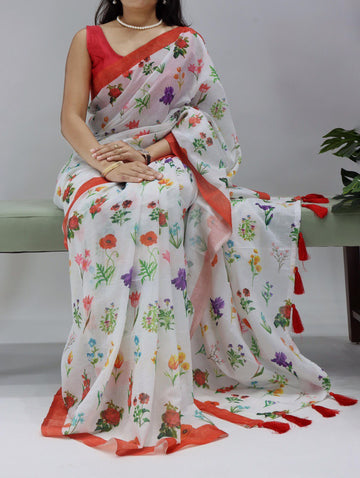 Floral Linen Printed Saree With Plain Blouse