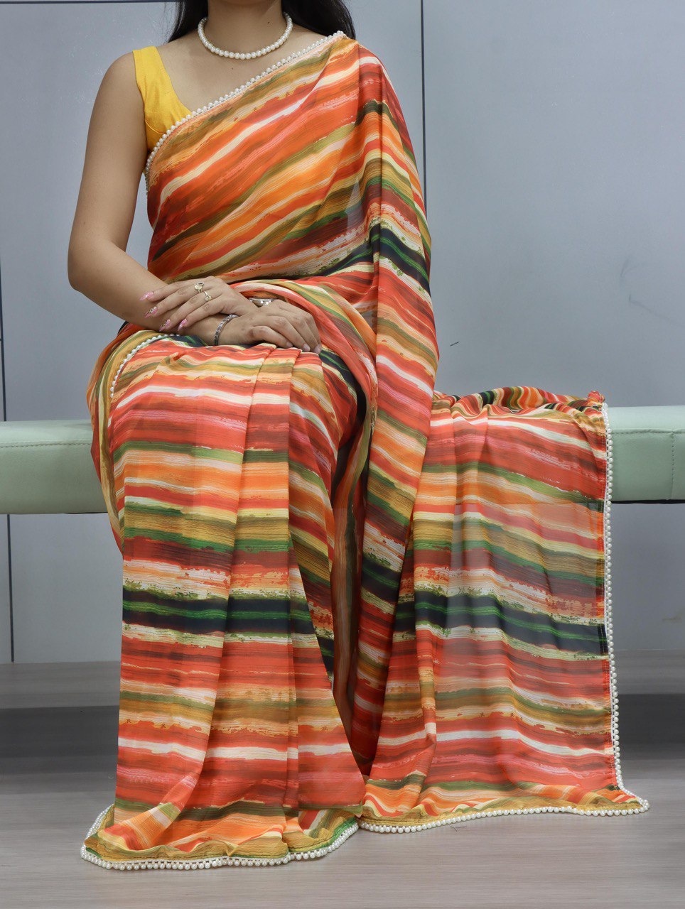 Weightless Printed Saree With Pearl Lace Border