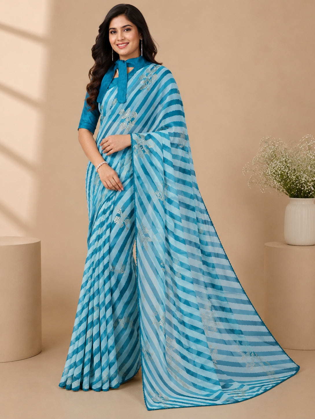Gorgette Strip n Foil Prints Sarees With Blouse Pices
