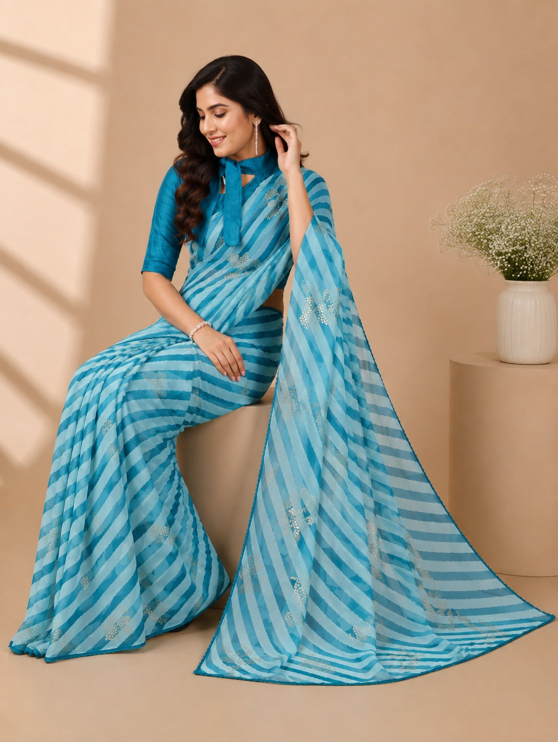 Gorgette Strip n Foil Prints Sarees With Blouse Pices