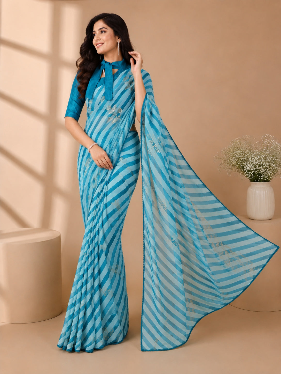 Gorgette Strip n Foil Prints Sarees With Blouse Pices