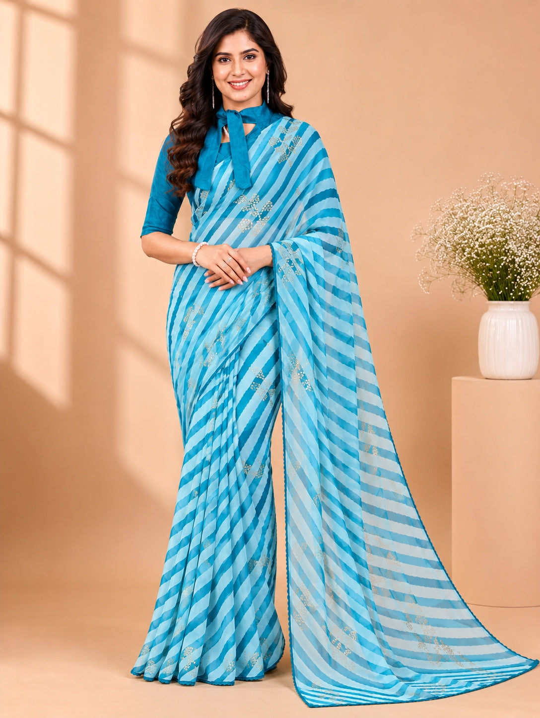 Gorgette Strip n Foil Prints Sarees With Blouse Pices