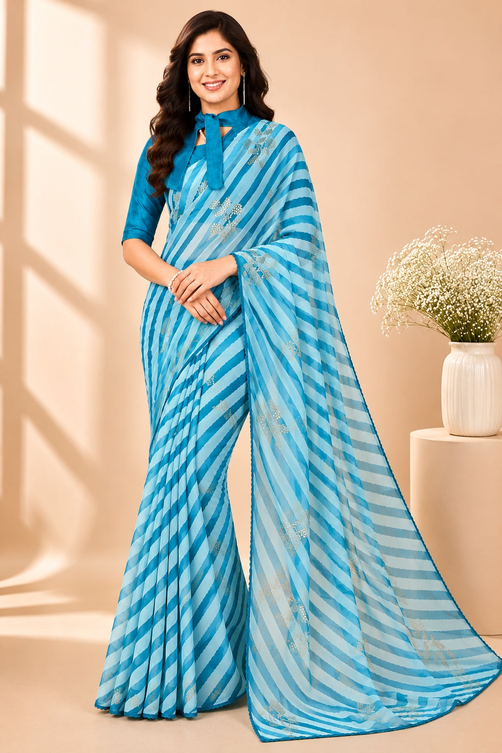 Gorgette Strip n Foil Prints Sarees With Blouse Pices