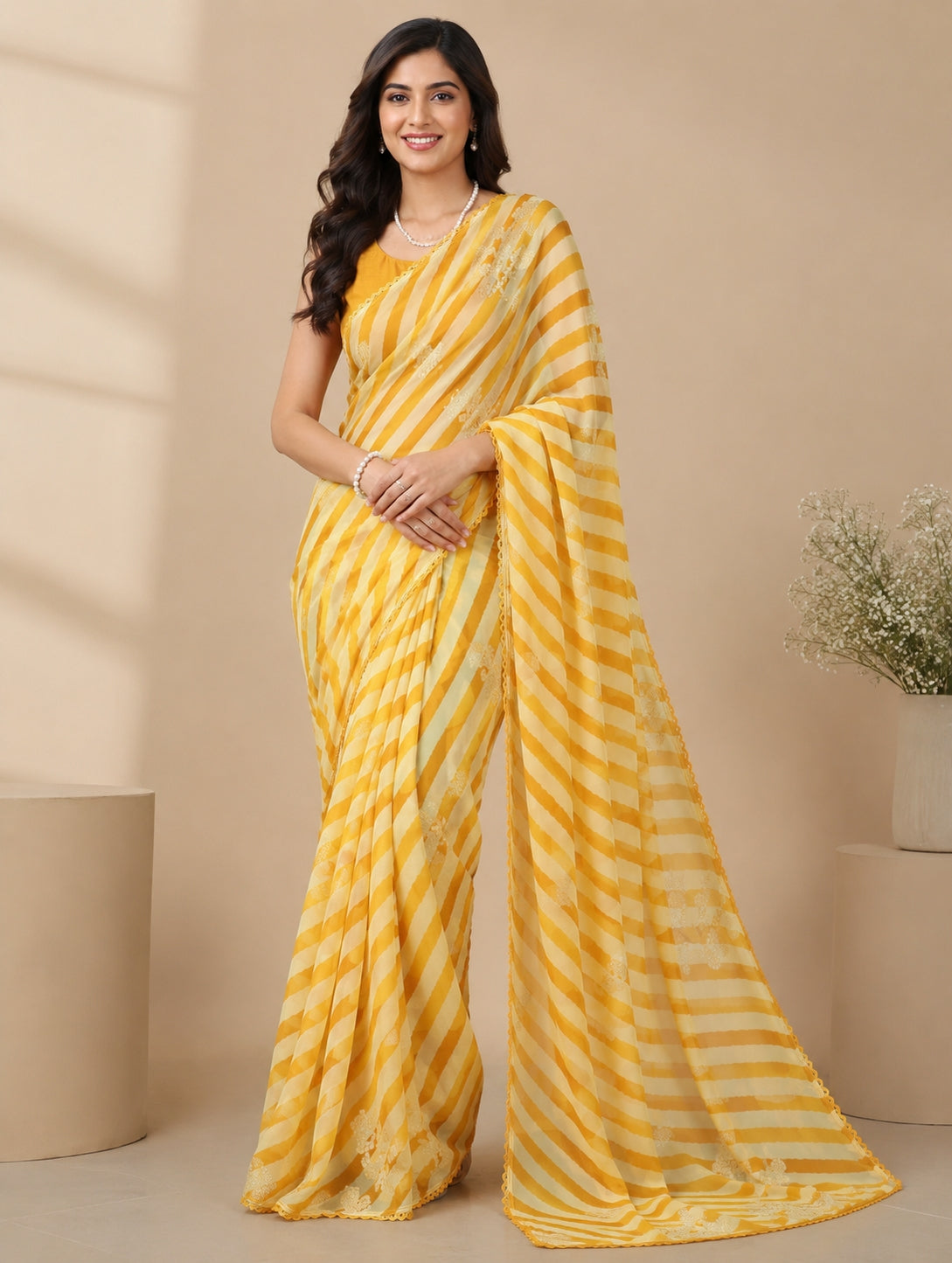 Gorgette Strip n Foil Prints Sarees With Blouse Pices