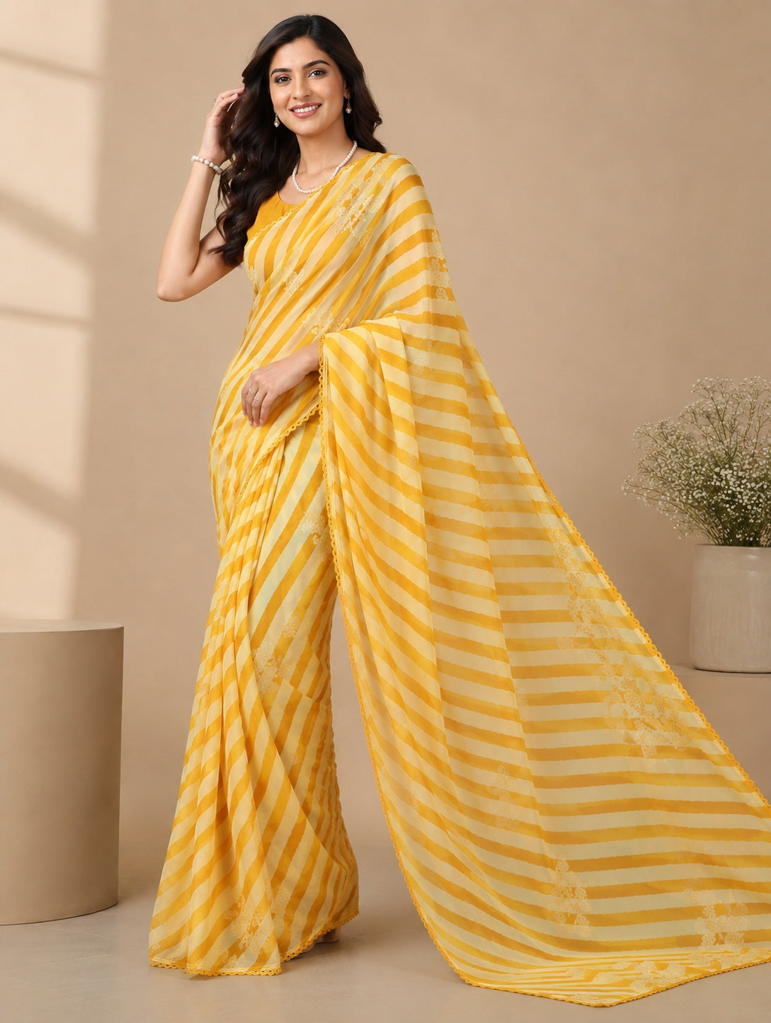Gorgette Strip n Foil Prints Sarees With Blouse Pices