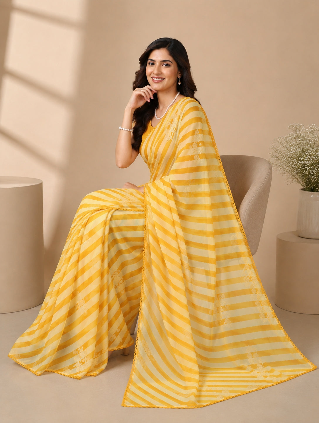 Gorgette Strip n Foil Prints Sarees With Blouse Pices