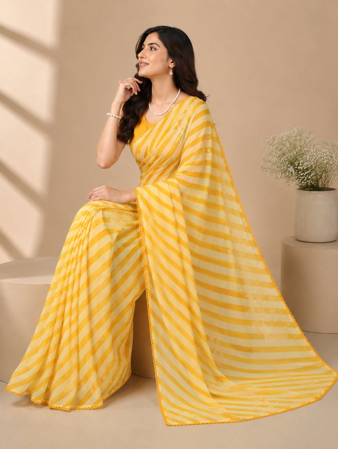 Gorgette Strip n Foil Prints Sarees With Blouse Pices