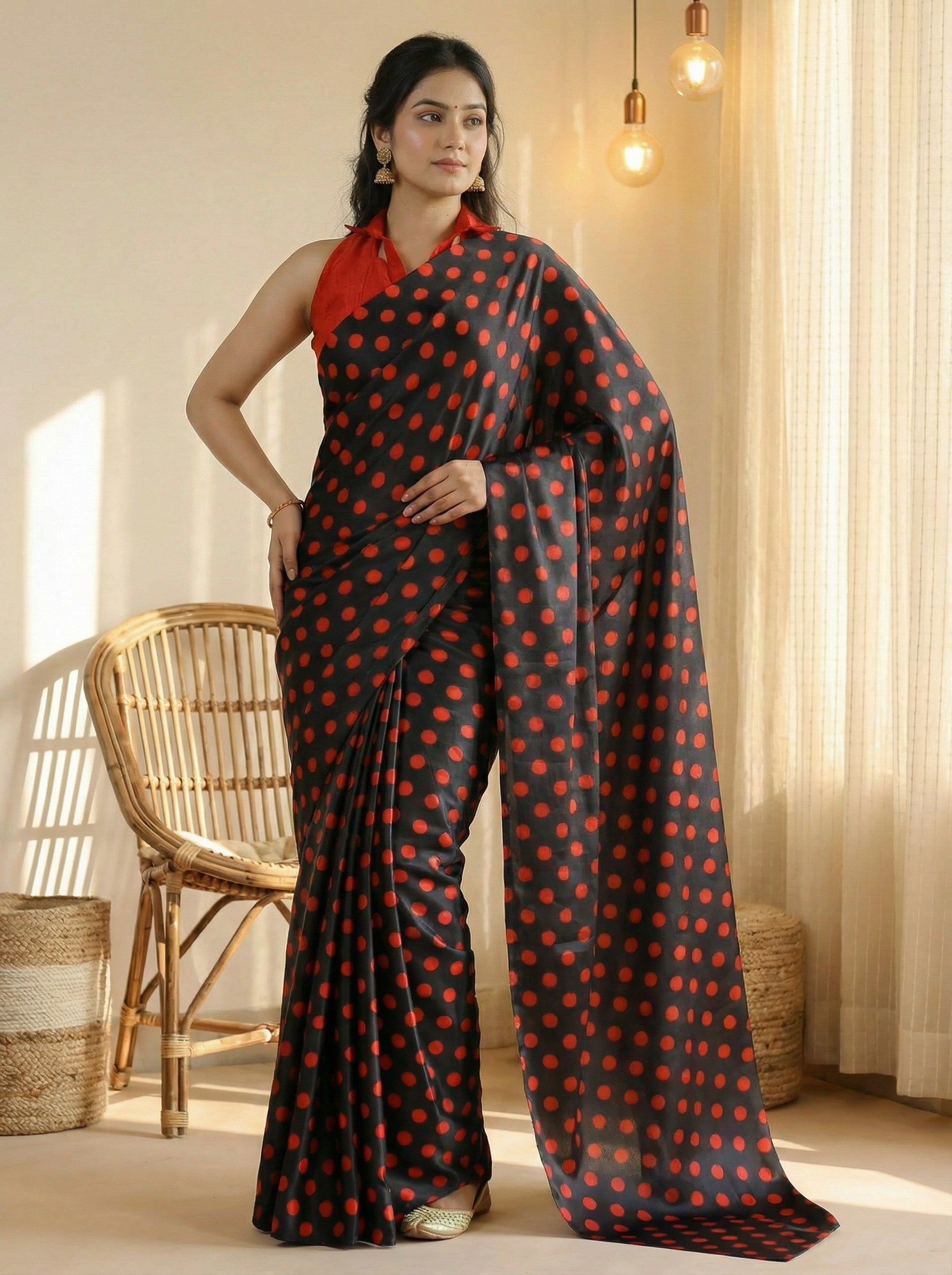 Pure Satin Sarees in Polka Dot prints With Plain Blouse