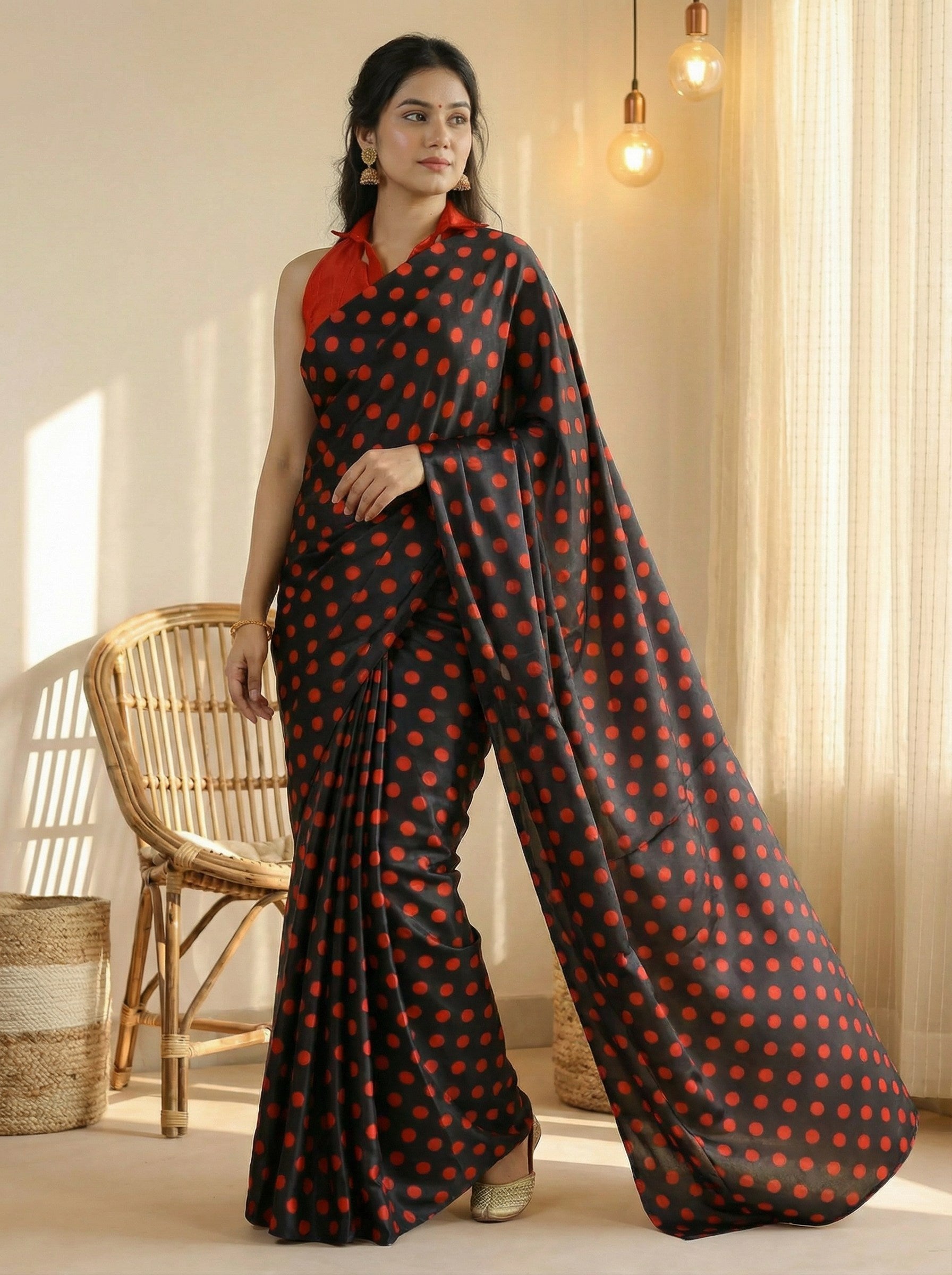 Pure Satin Sarees in Polka Dot prints With Plain Blouse