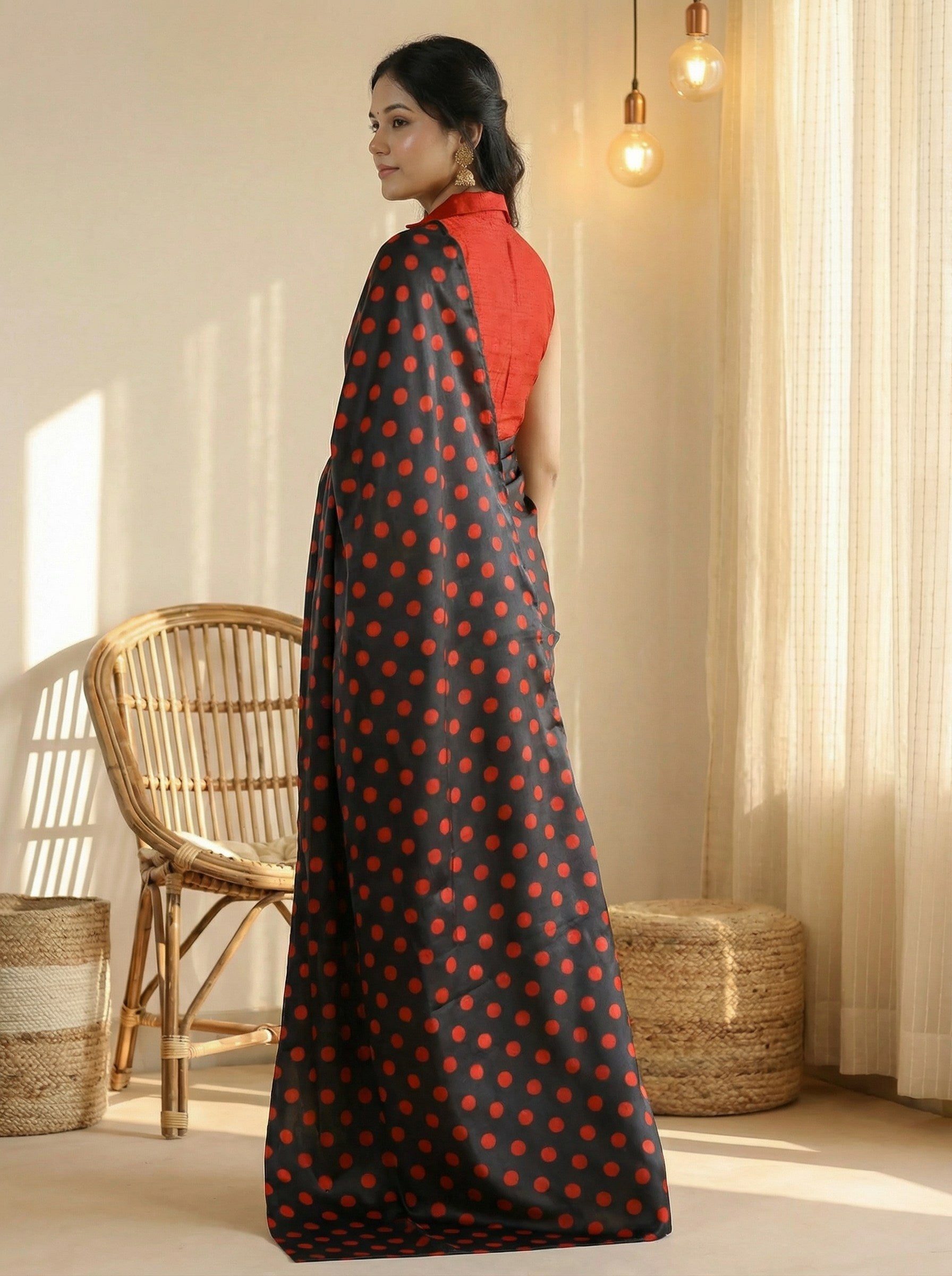 Pure Satin Sarees in Polka Dot prints With Plain Blouse