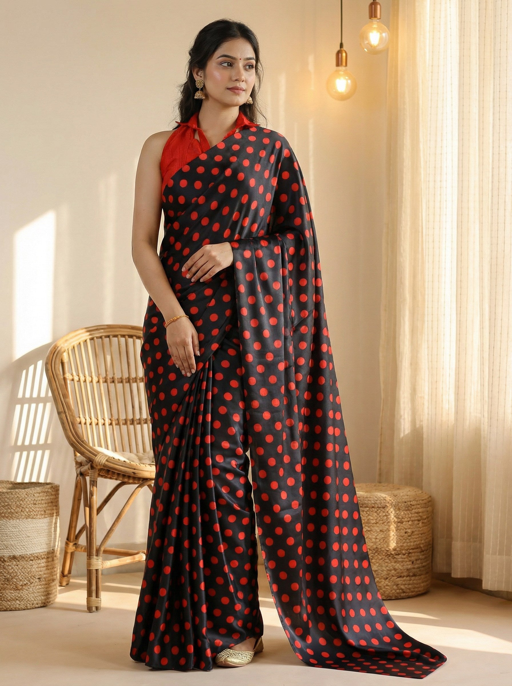 Pure Satin Sarees in Polka Dot prints With Plain Blouse