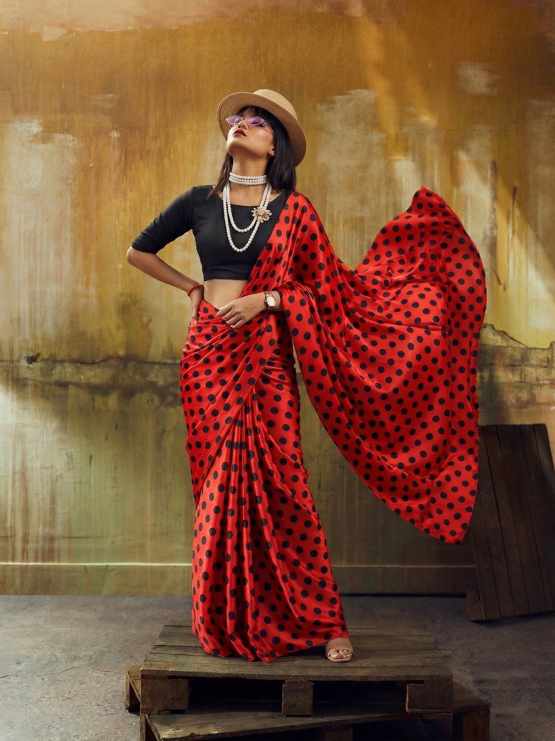 Beautiful Satin Sarees in Polka Dot prints