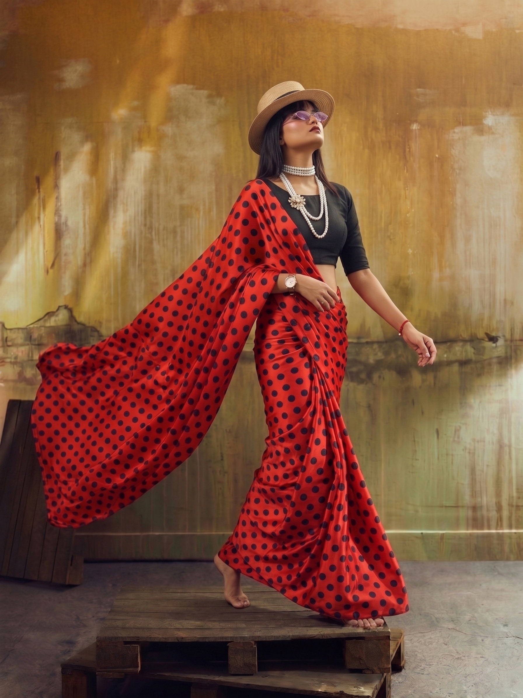 Beautiful Satin Sarees in Polka Dot prints