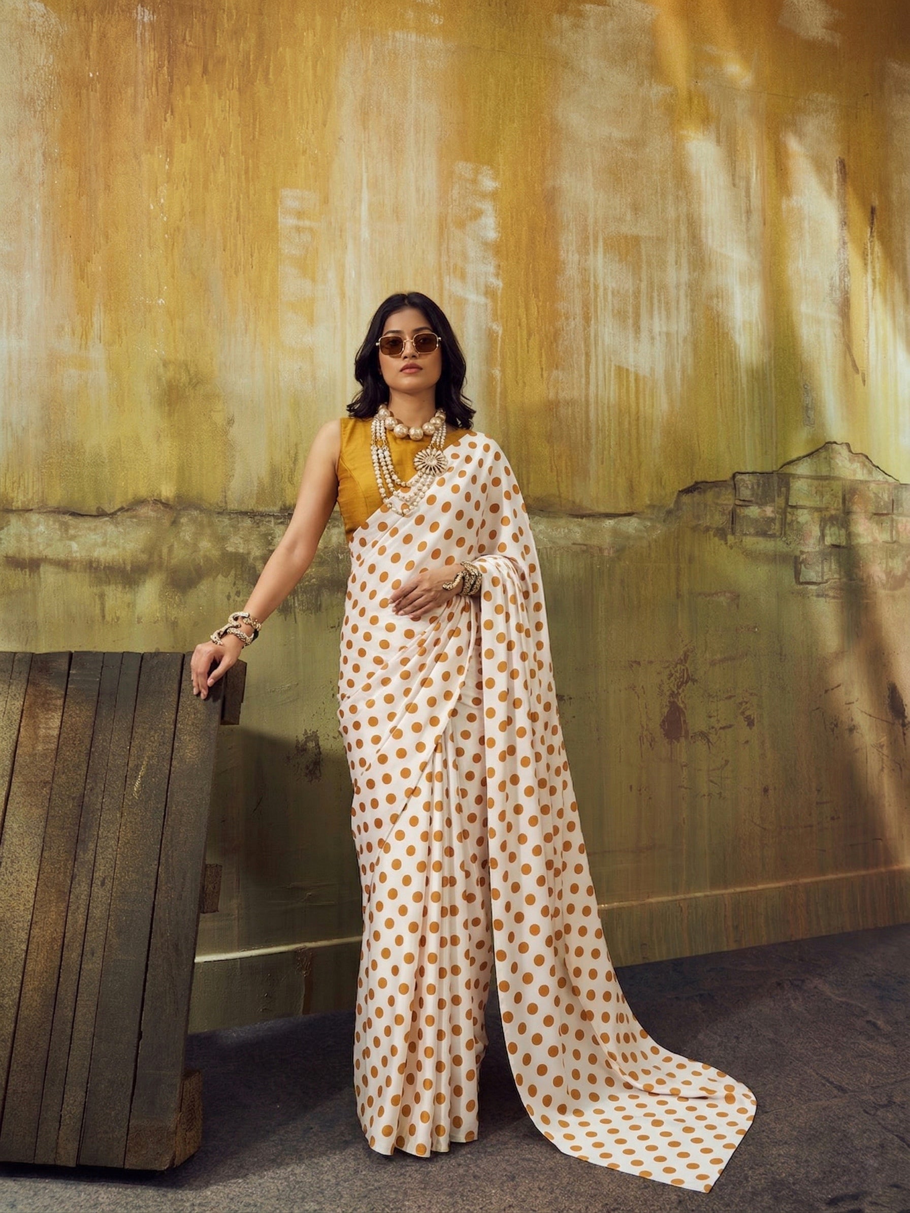 Beautiful Satin Sarees in Polka Dot prints