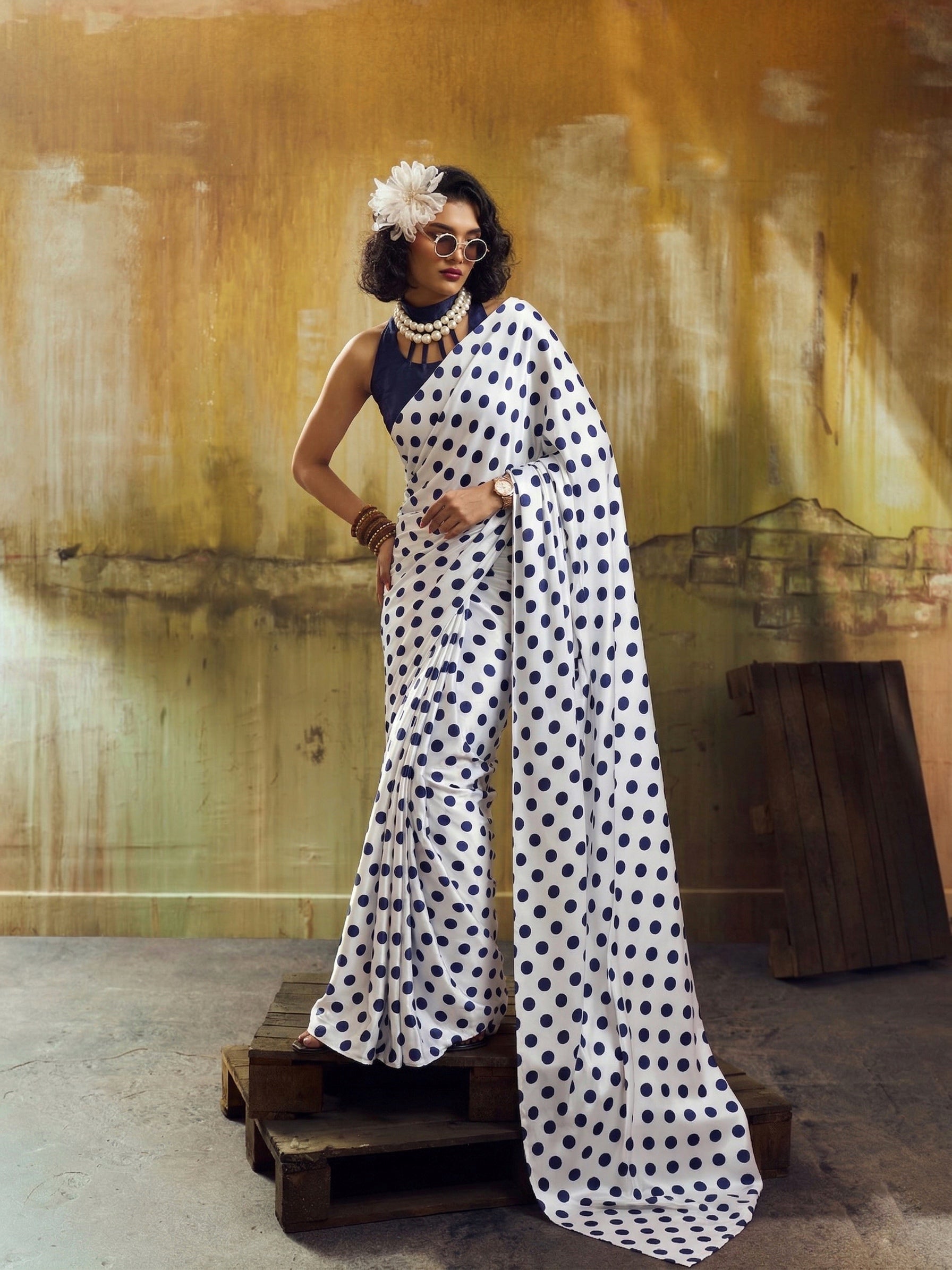 Beautiful Satin Sarees in Polka Dot prints