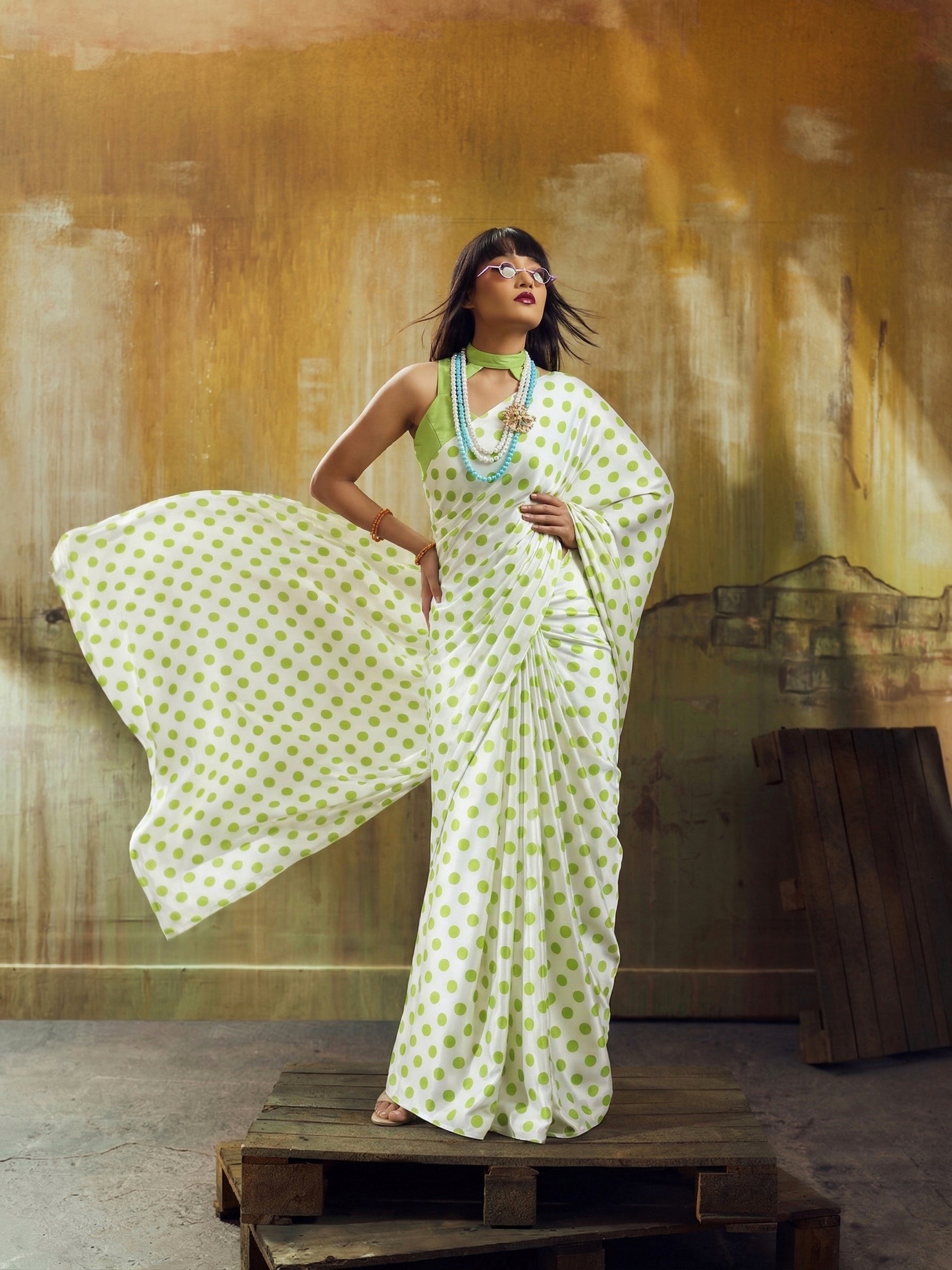 Beautiful Satin Sarees in Polka Dot prints