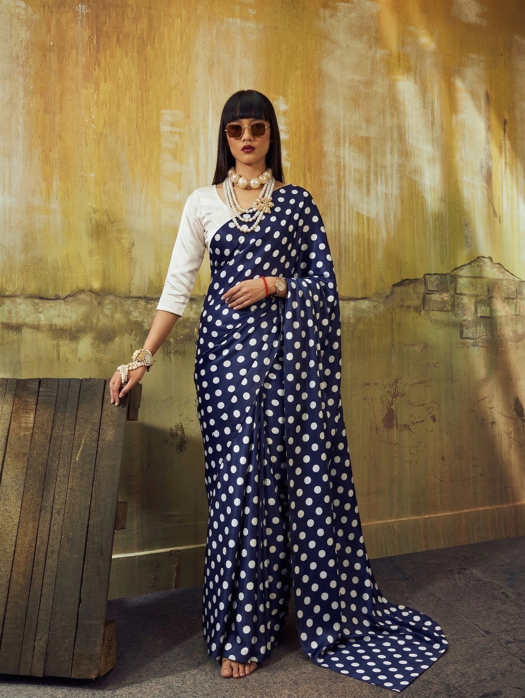 Beautiful Satin Sarees in Polka Dot prints