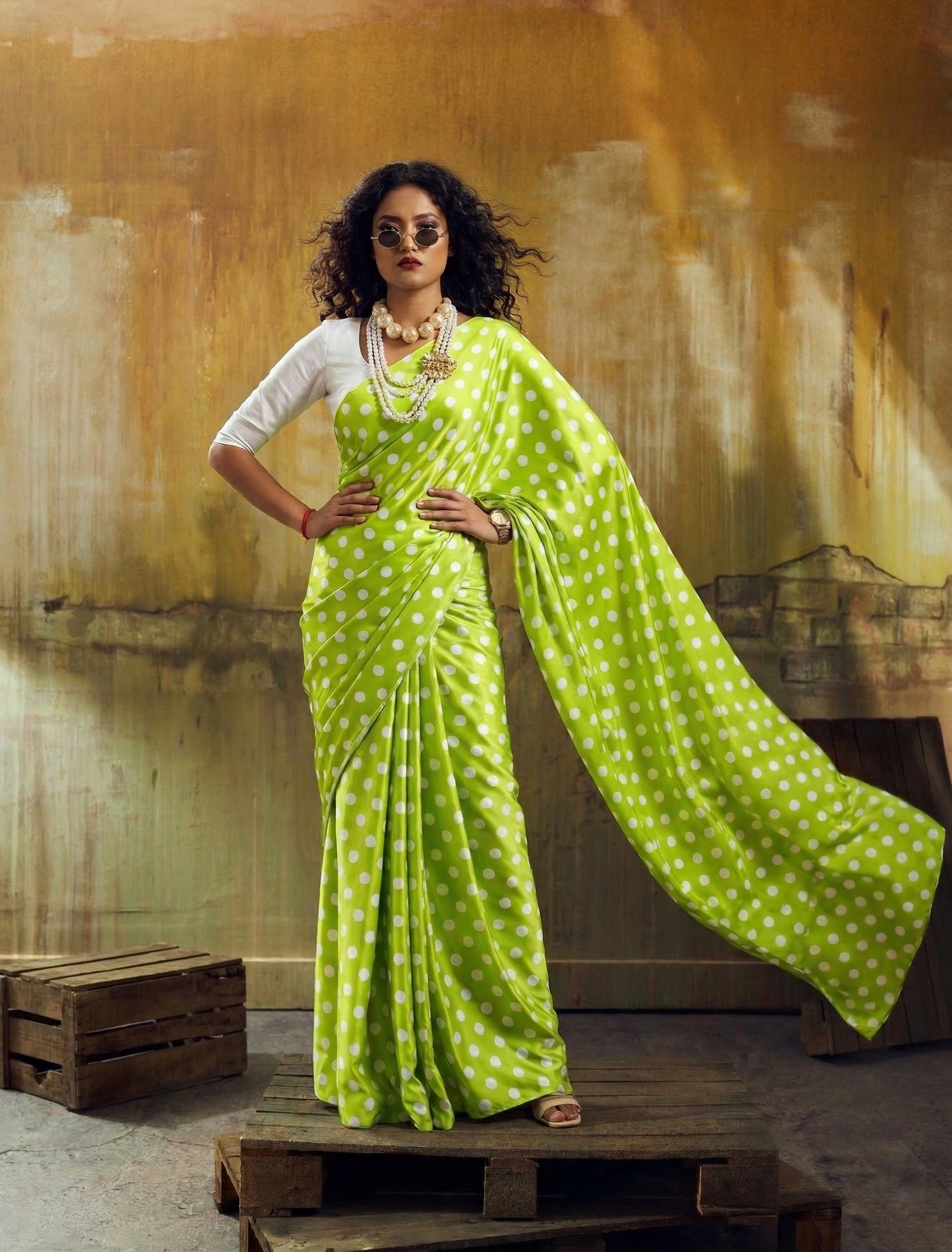 Beautiful Satin Sarees in Polka Dot prints