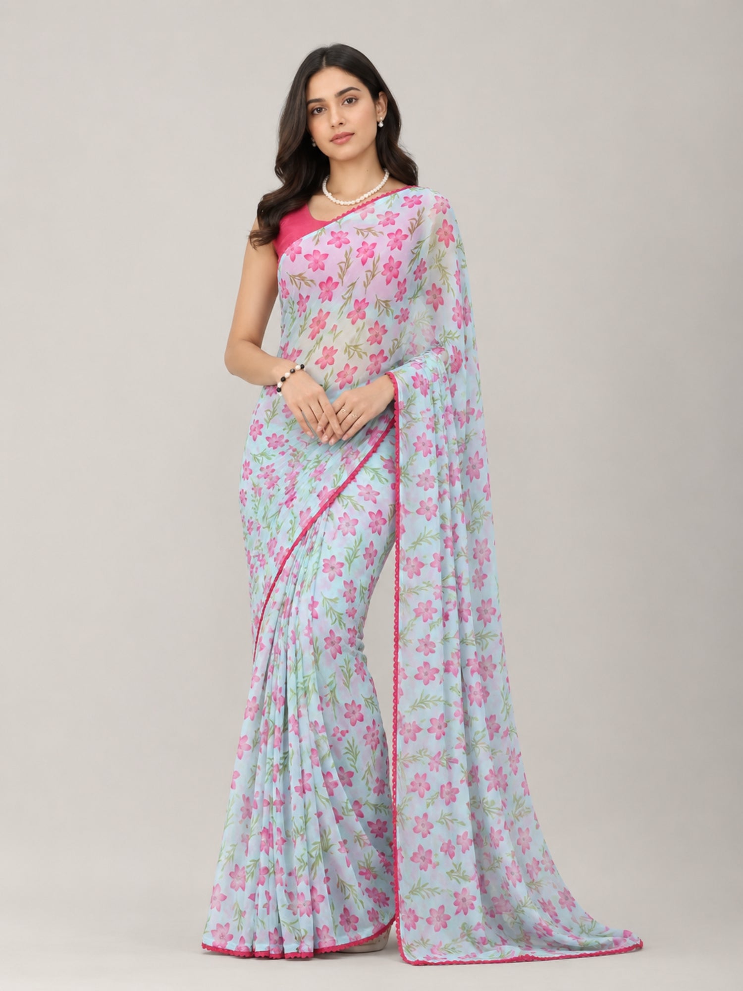 Beautiful All Over Floral Printed with Premium Lace Border Saree