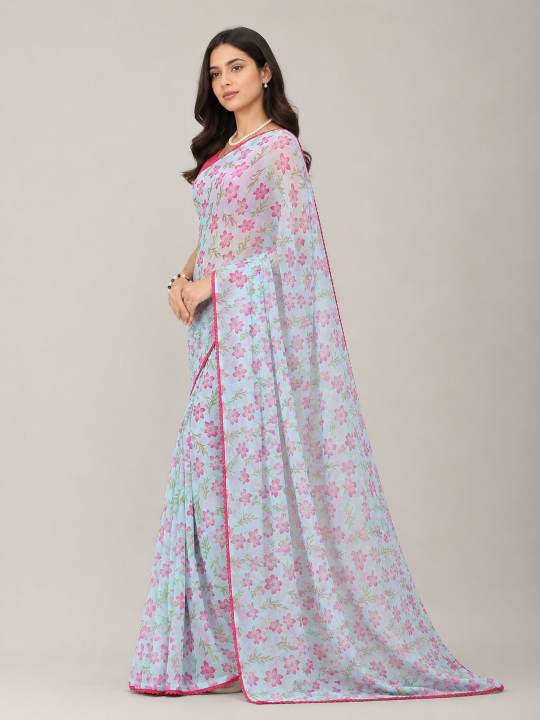Beautiful All Over Floral Printed with Premium Lace Border Saree