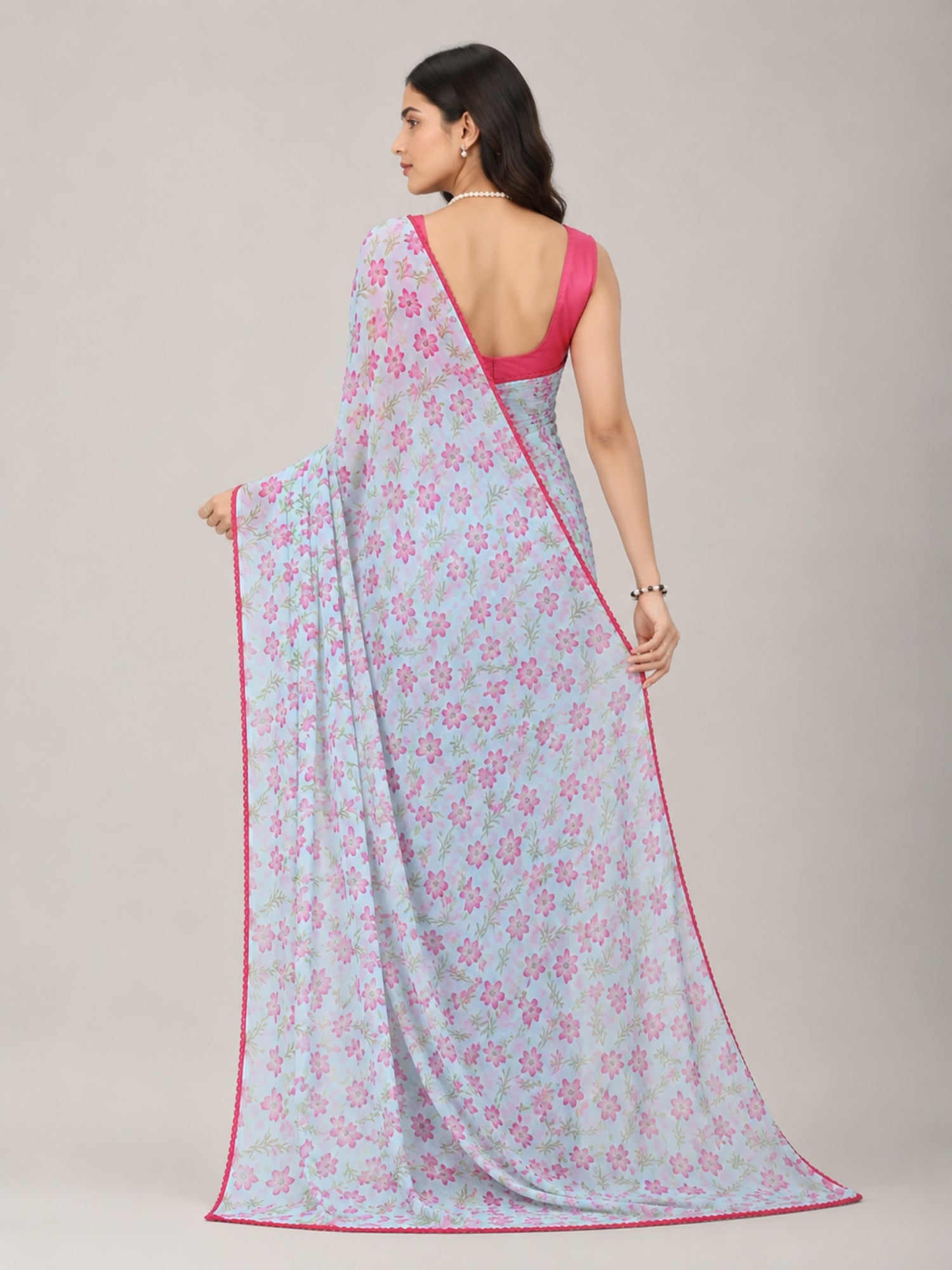 Beautiful All Over Floral Printed with Premium Lace Border Saree