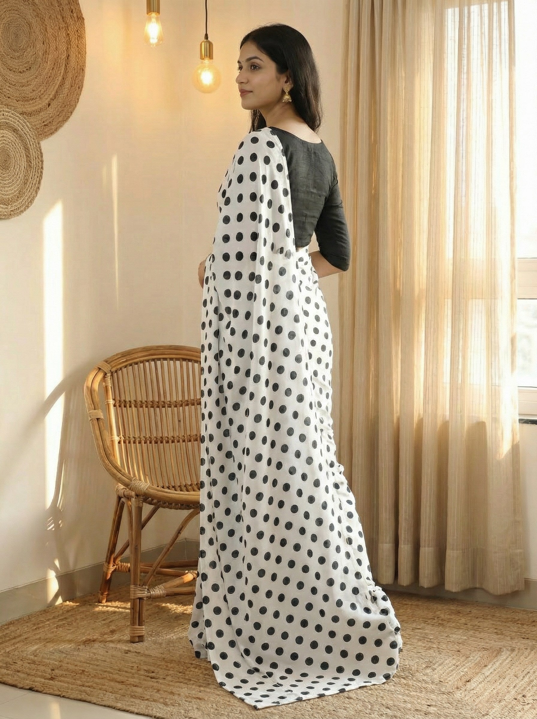 Pure Satin Sarees in Polka Dot prints With Plain Blouse