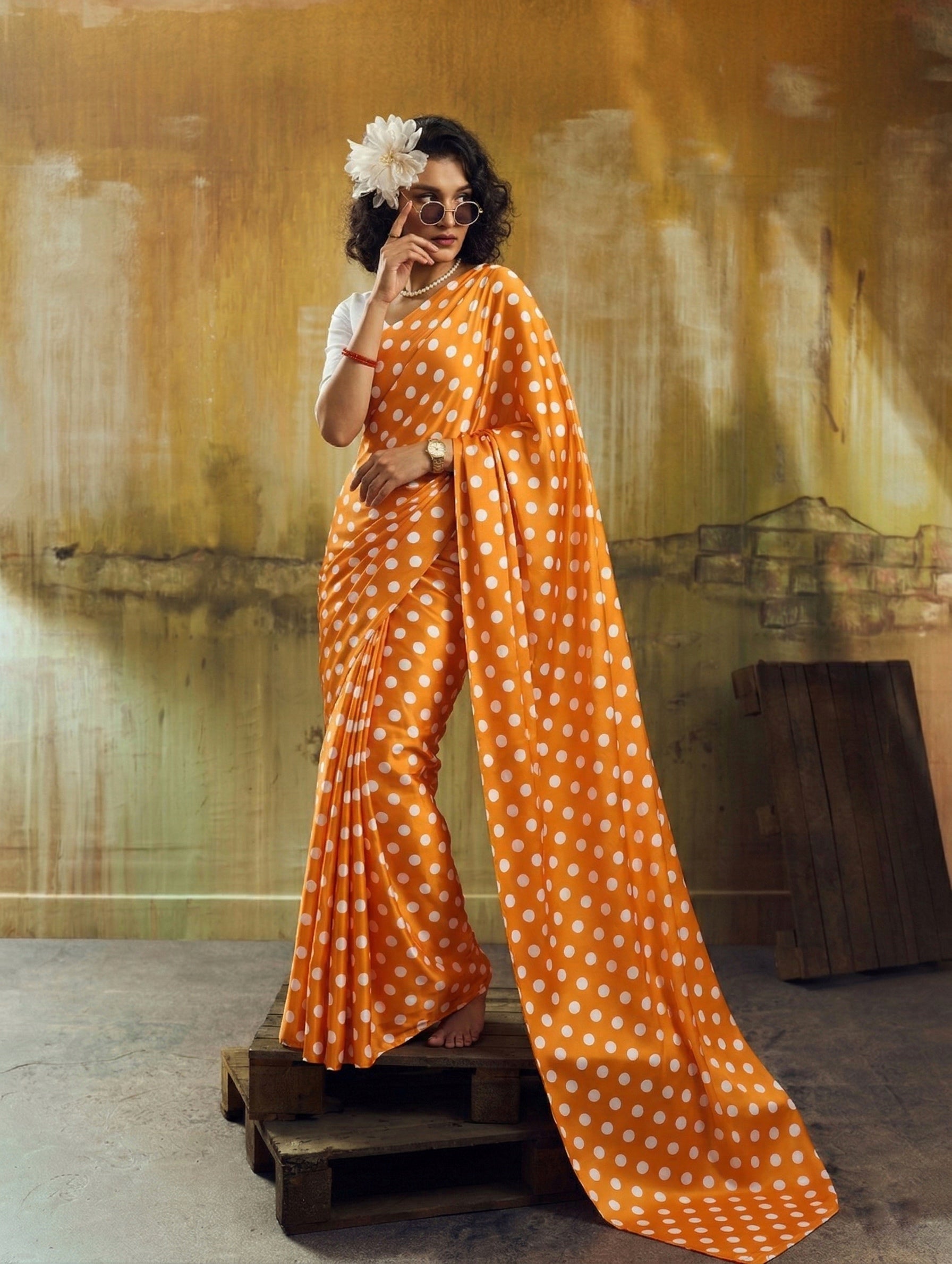 Beautiful Satin Sarees in Polka Dot prints