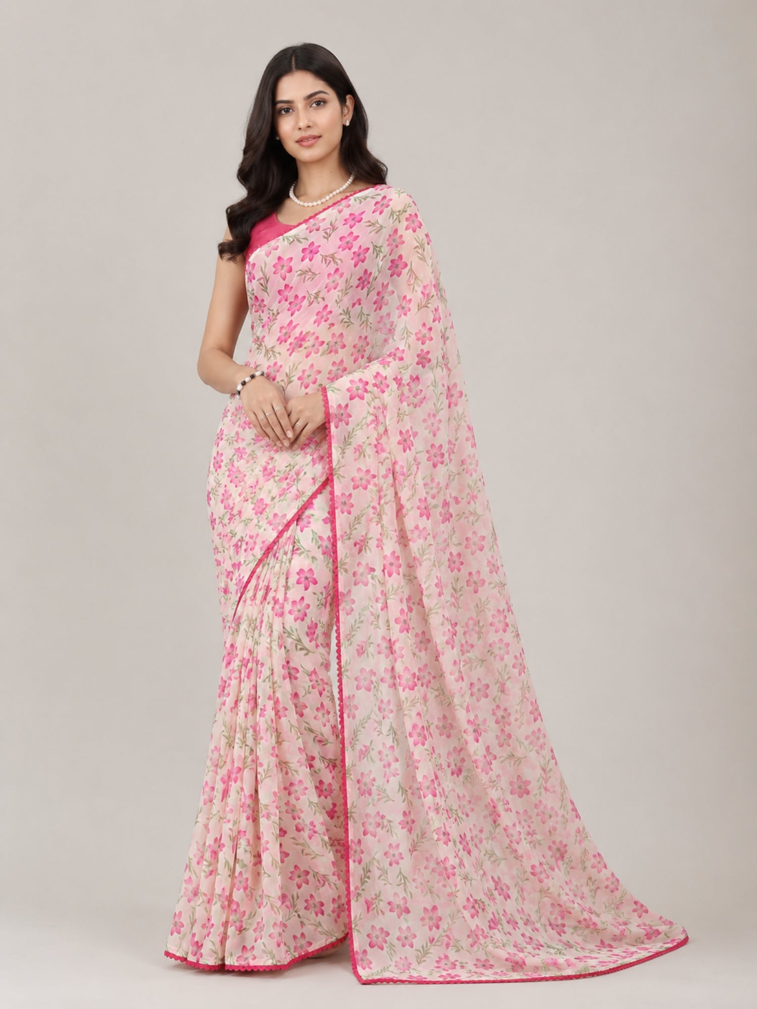 Beautiful All Over Floral Printed with Premium Lace Border Saree