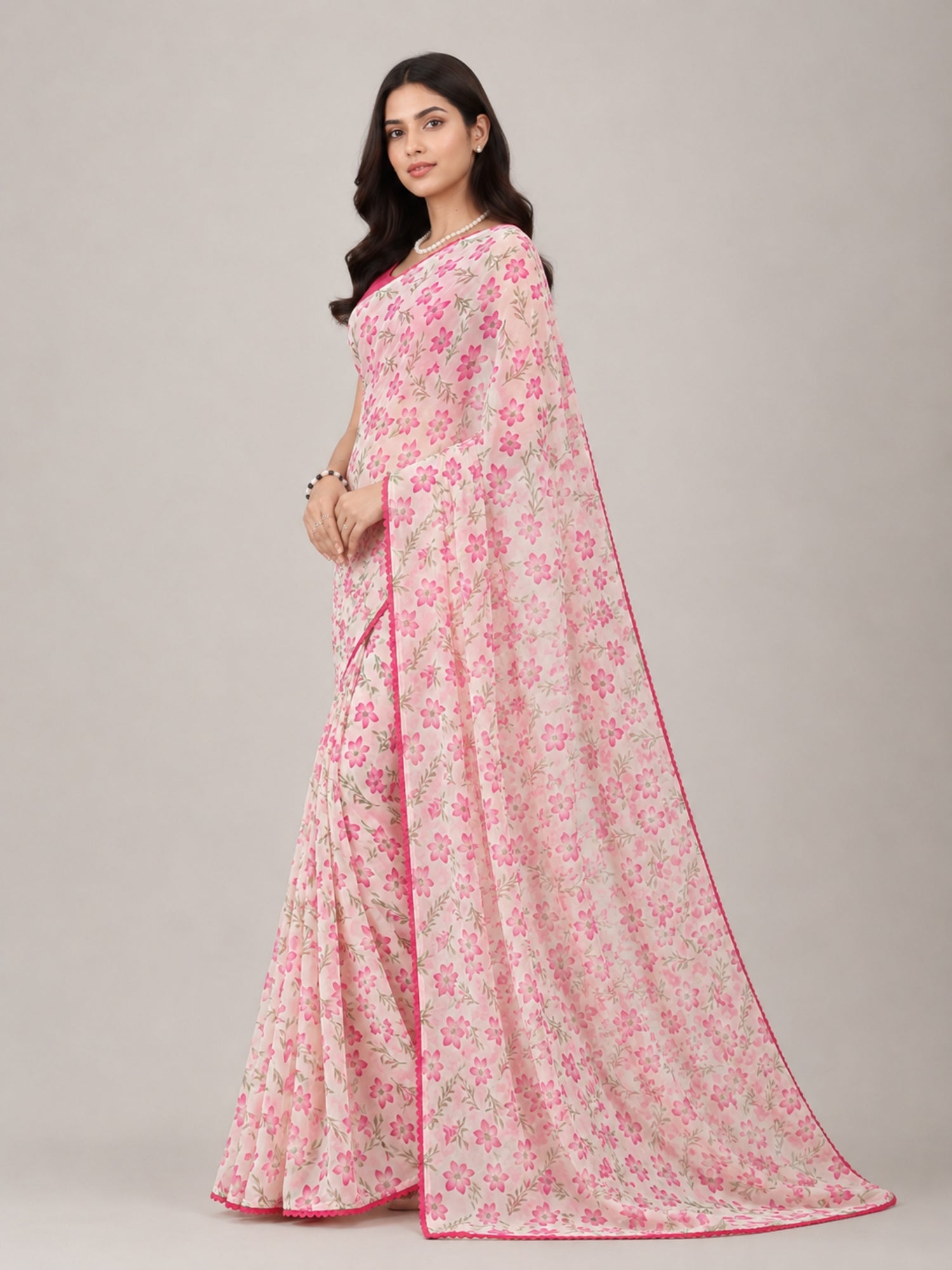 Beautiful All Over Floral Printed with Premium Lace Border Saree
