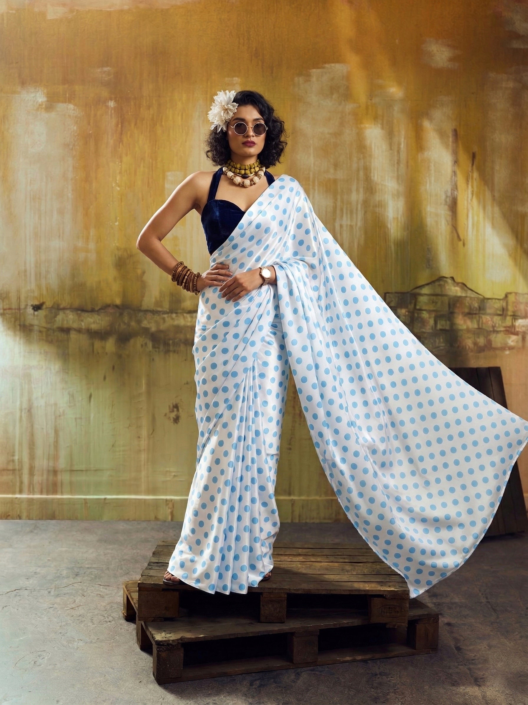 Beautiful Satin Sarees in Polka Dot prints