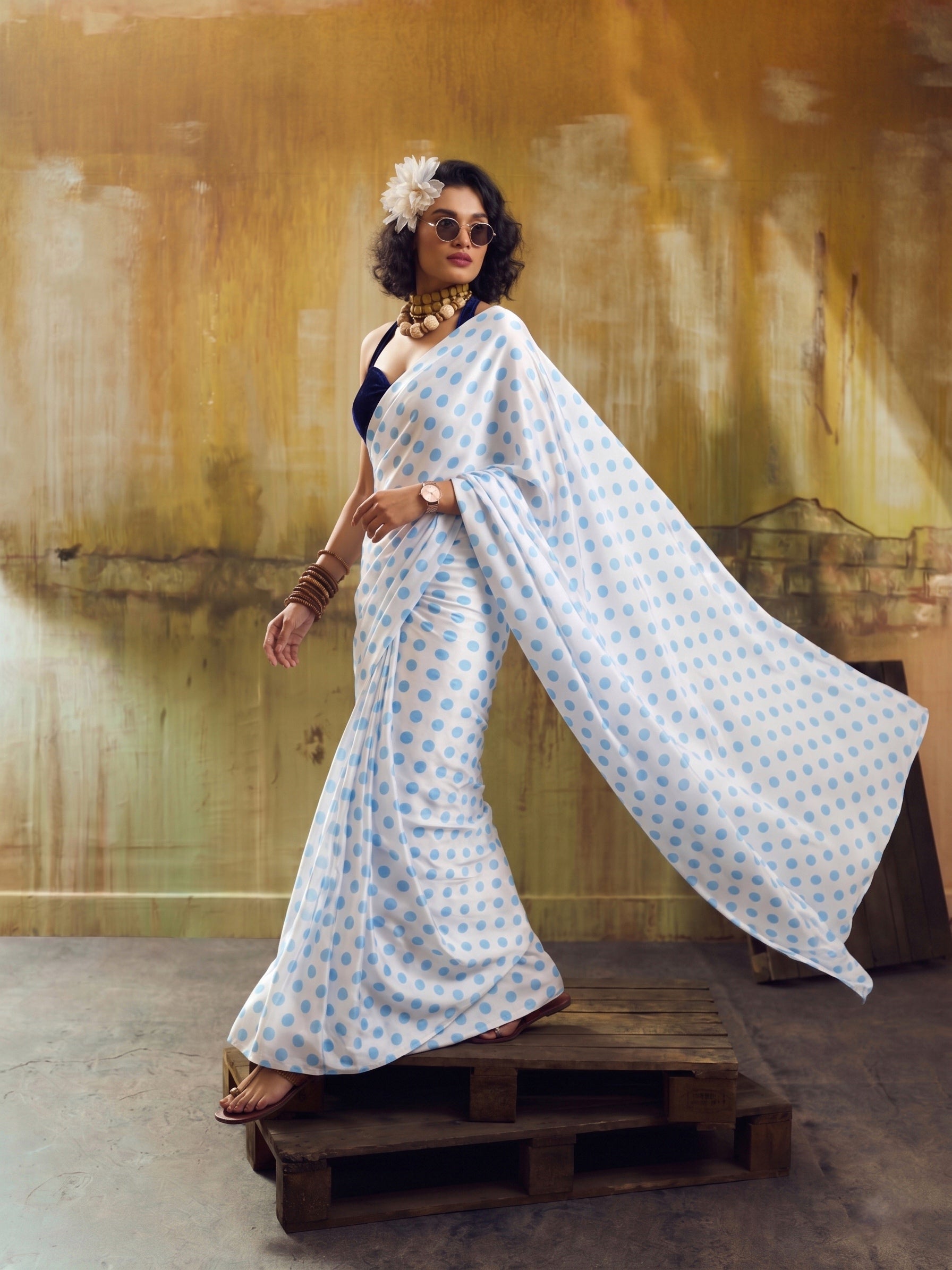 Beautiful Satin Sarees in Polka Dot prints