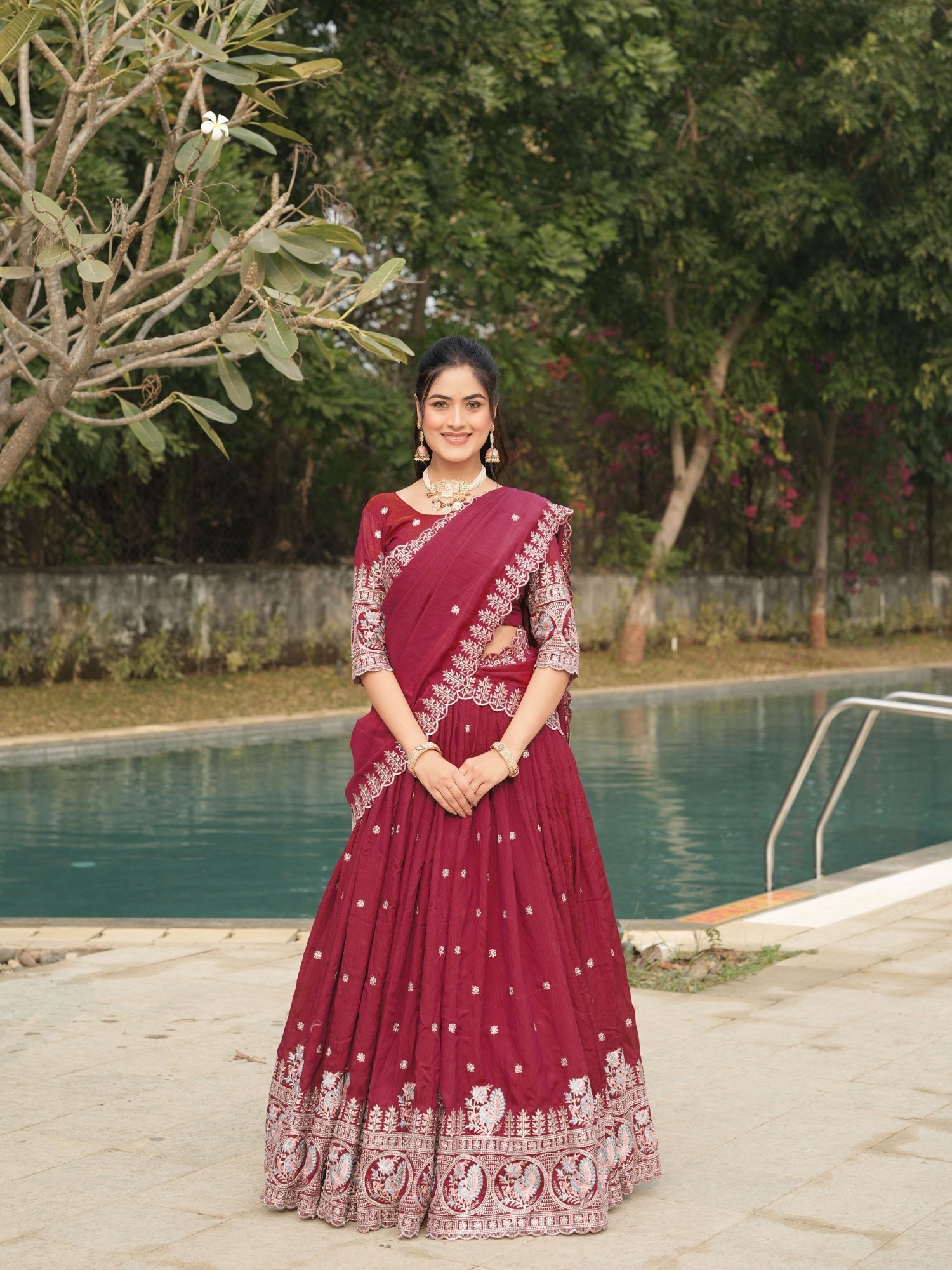 Burgandy Color Vichitraa Thread Embroidery Work Lehenga Choli