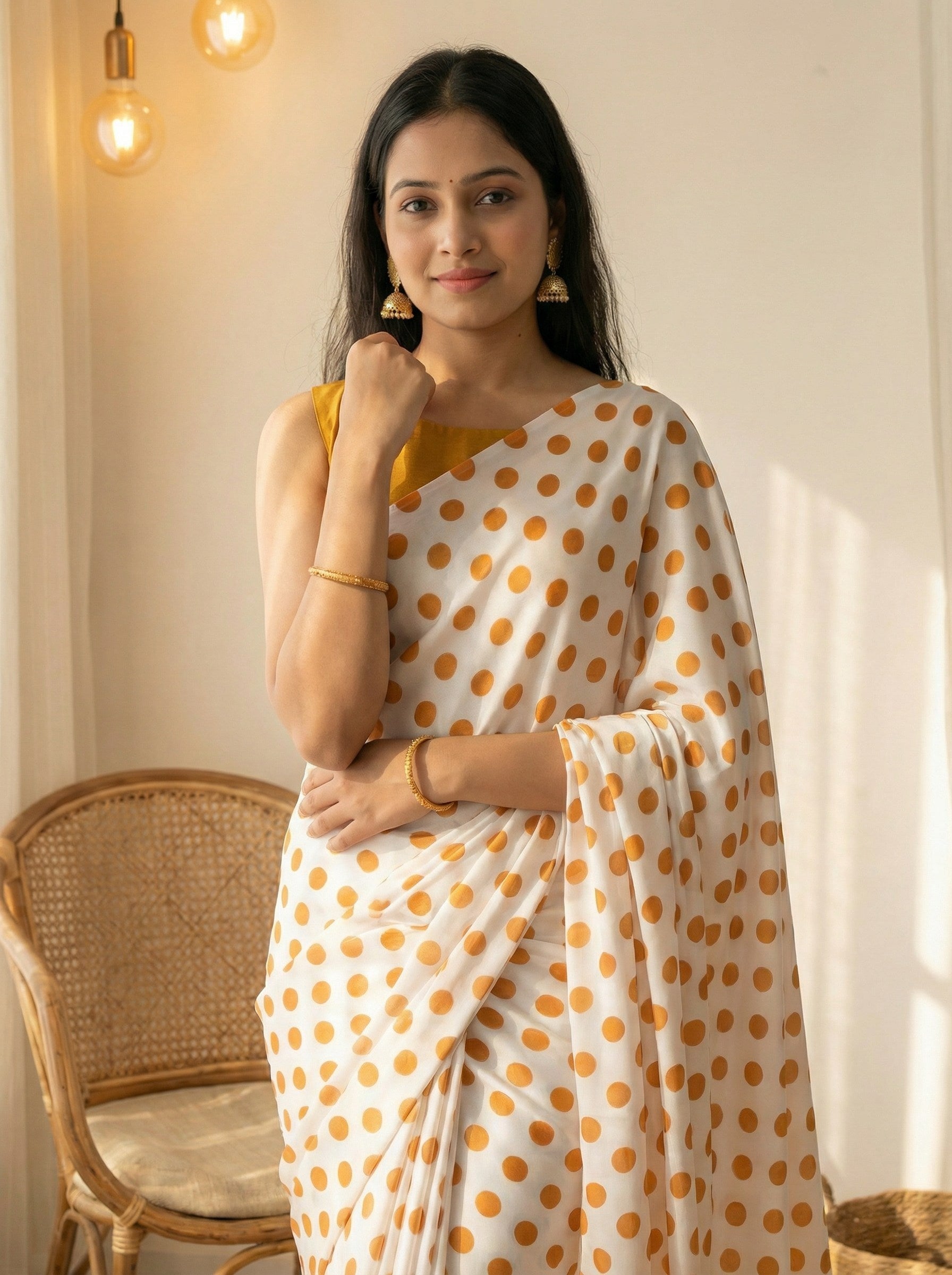 Pure Satin Sarees in Polka Dot prints With Plain Blouse