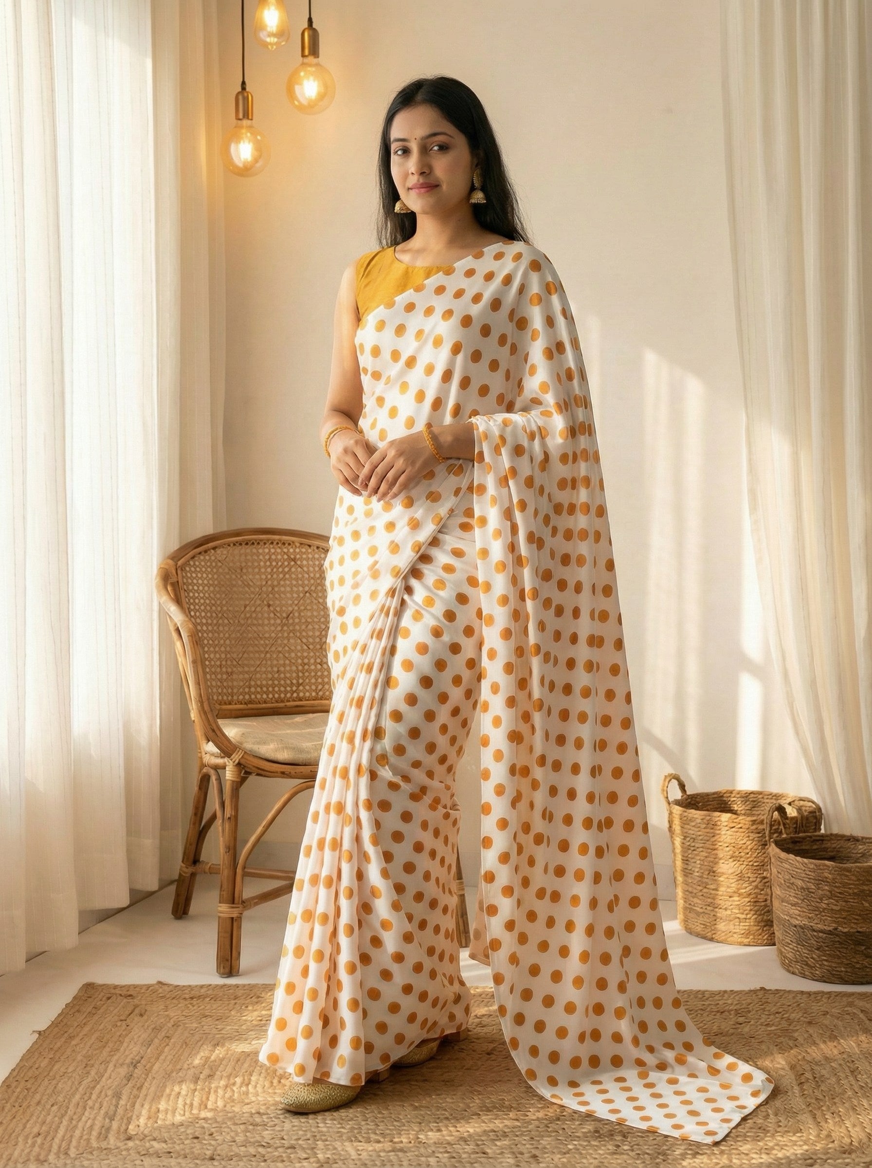 Pure Satin Sarees in Polka Dot prints With Plain Blouse