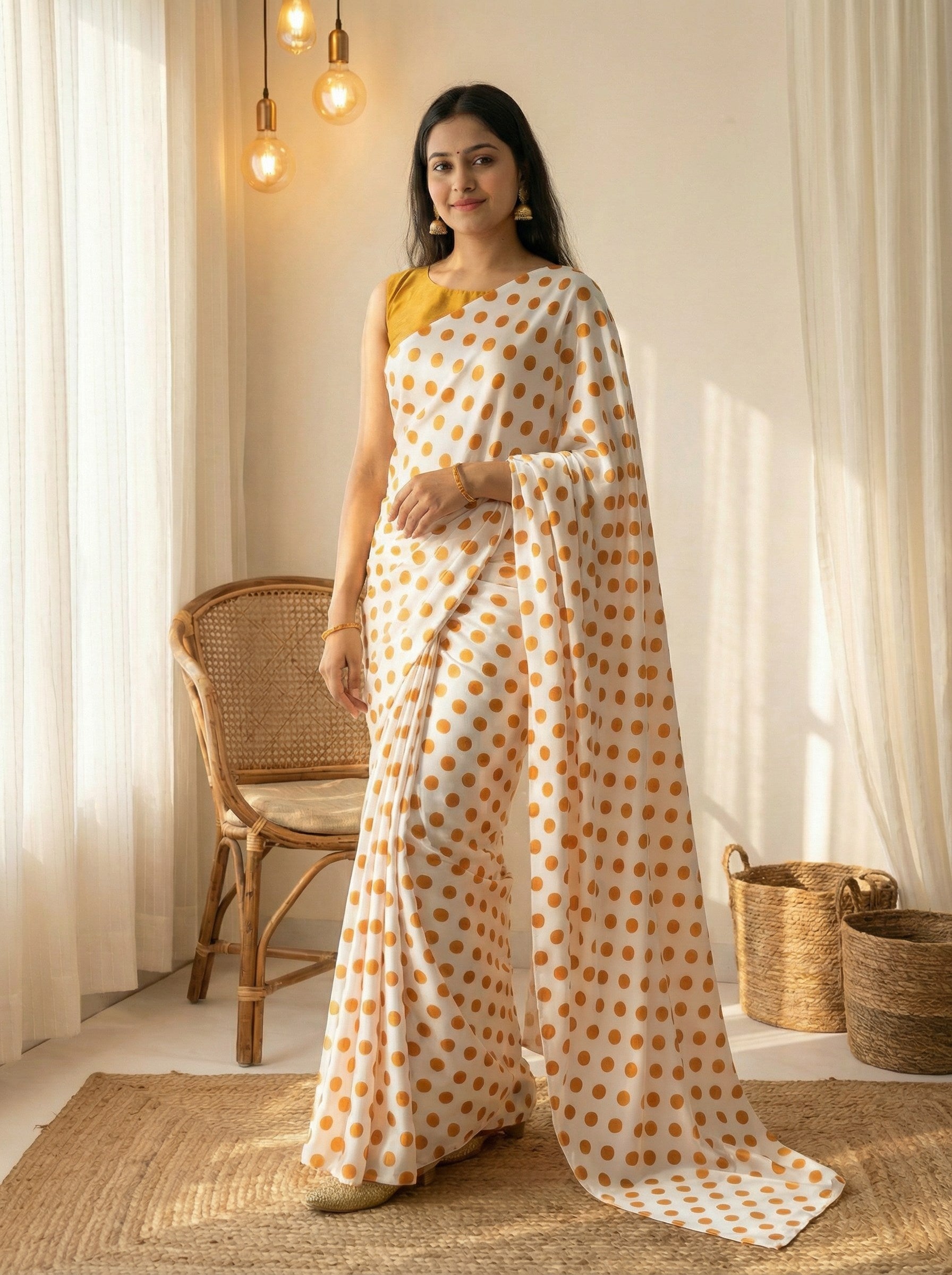 Pure Satin Sarees in Polka Dot prints With Plain Blouse