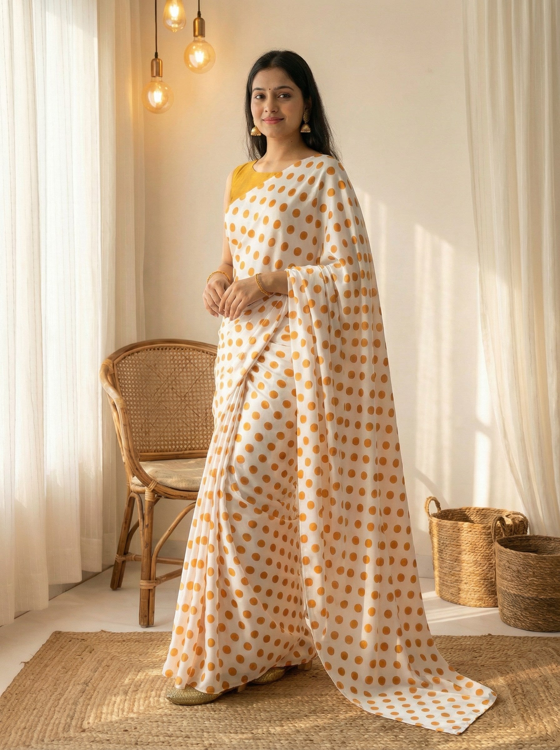 Pure Satin Sarees in Polka Dot prints With Plain Blouse