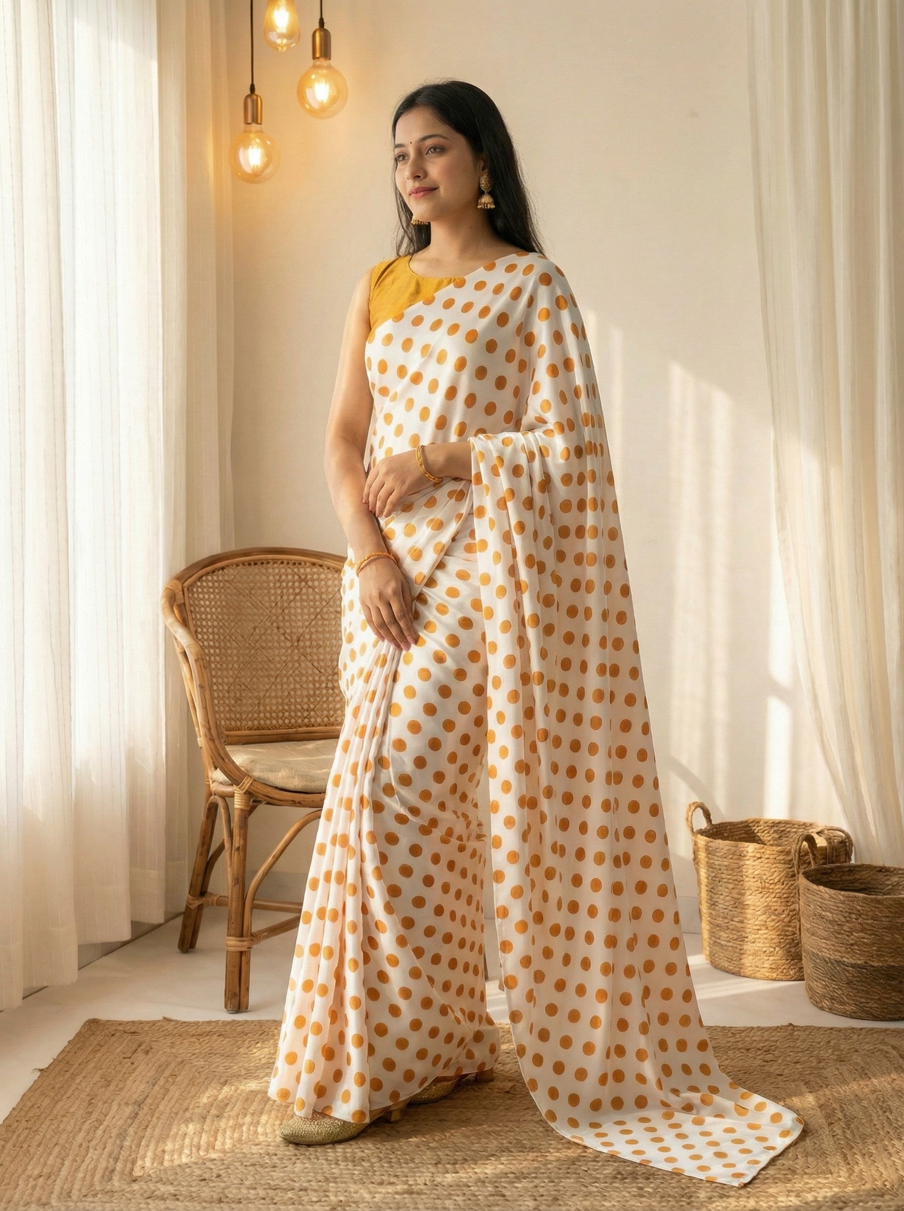 Pure Satin Sarees in Polka Dot prints With Plain Blouse