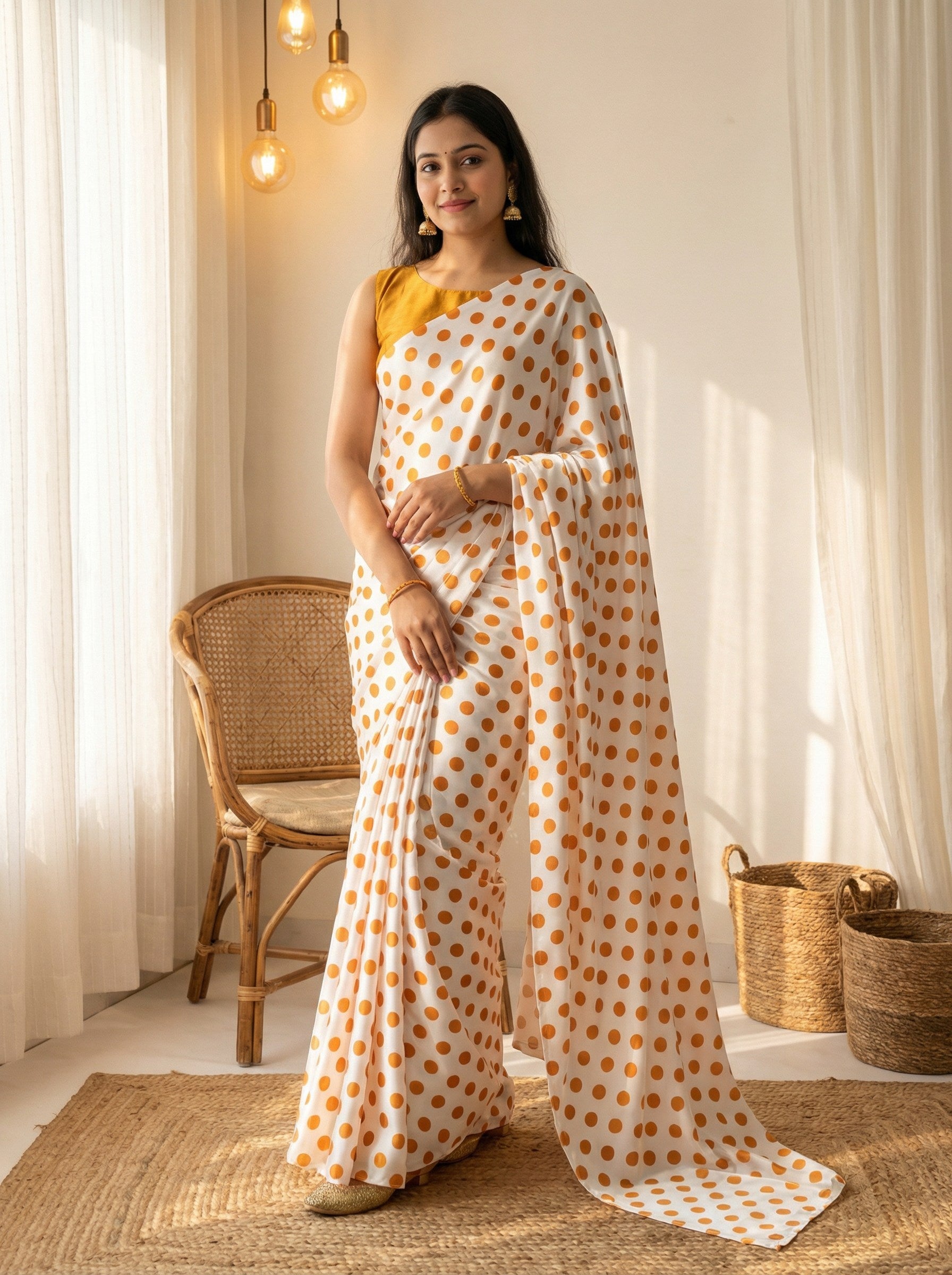 Pure Satin Sarees in Polka Dot prints With Plain Blouse