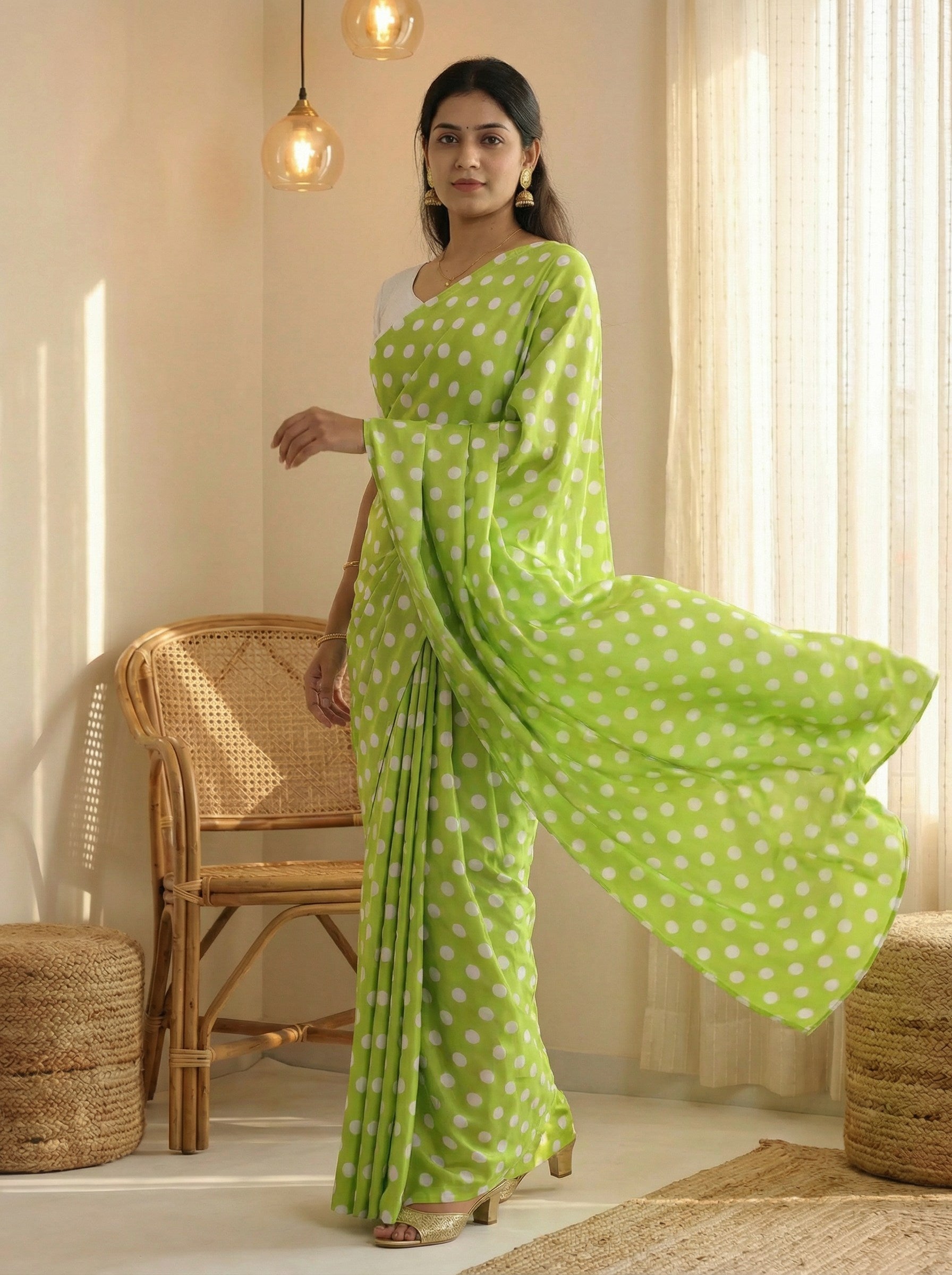 Pure Satin Sarees in Polka Dot prints With Plain Blouse